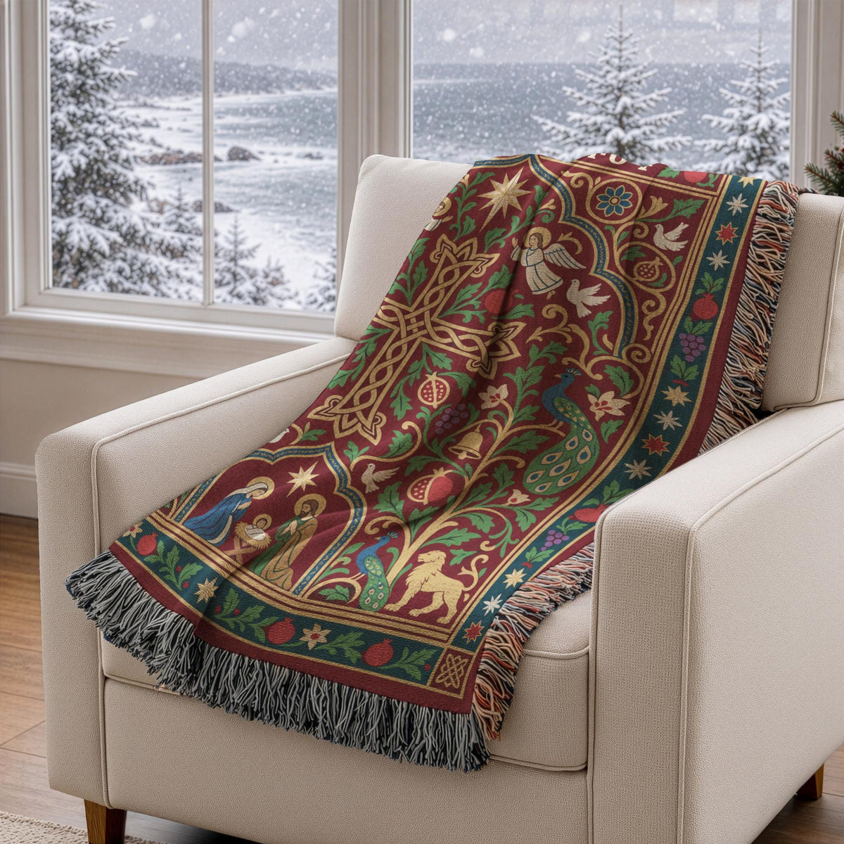 A cozy armchair with a vibrant, intricately patterned blanket draped over it, offering a view of a snowy landscape through a nearby window.