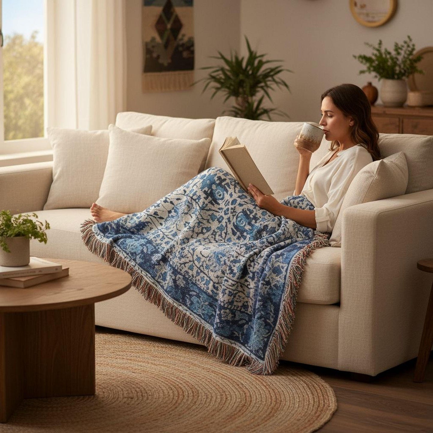 Caucasian Rug Inspired woven blanket with geometric pattern styled for layered home decor