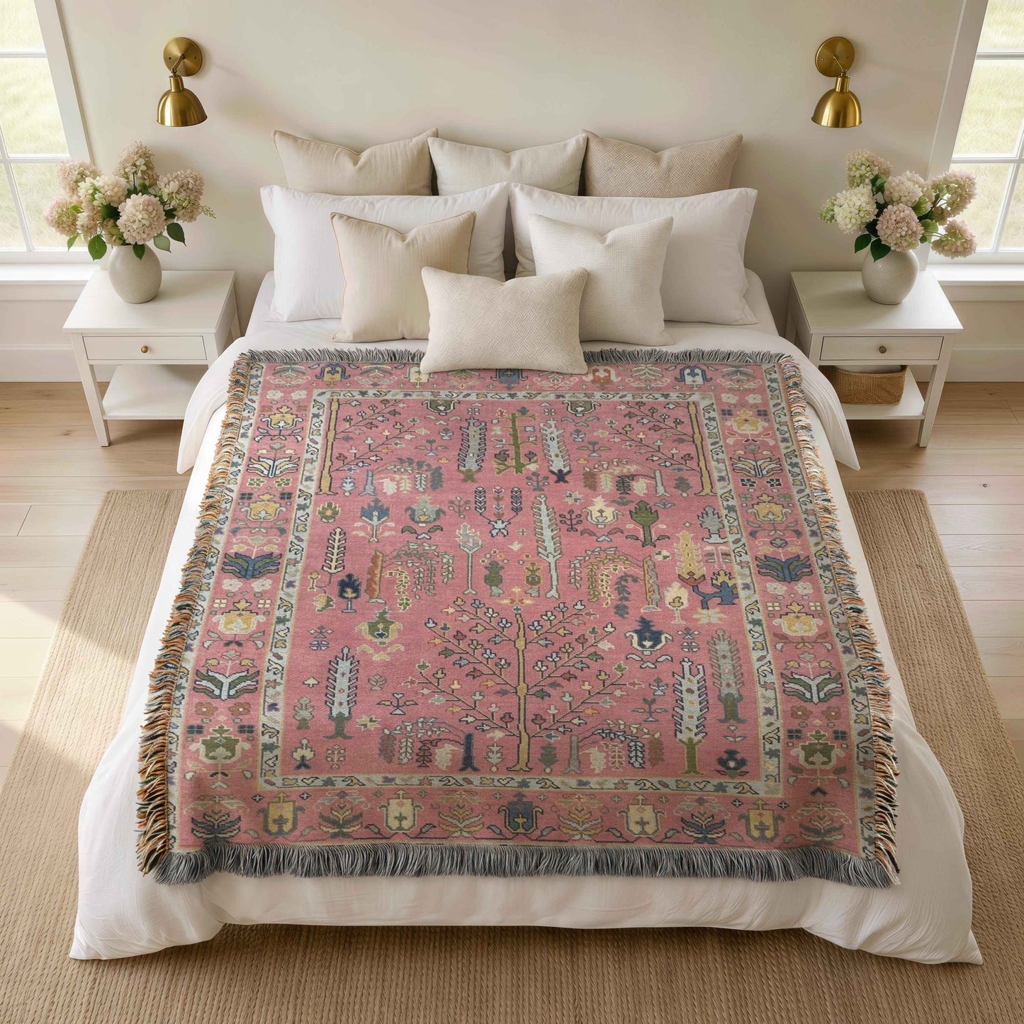 Anatolian Inspired woven blanket with rug-style pattern styled for layered home decor
