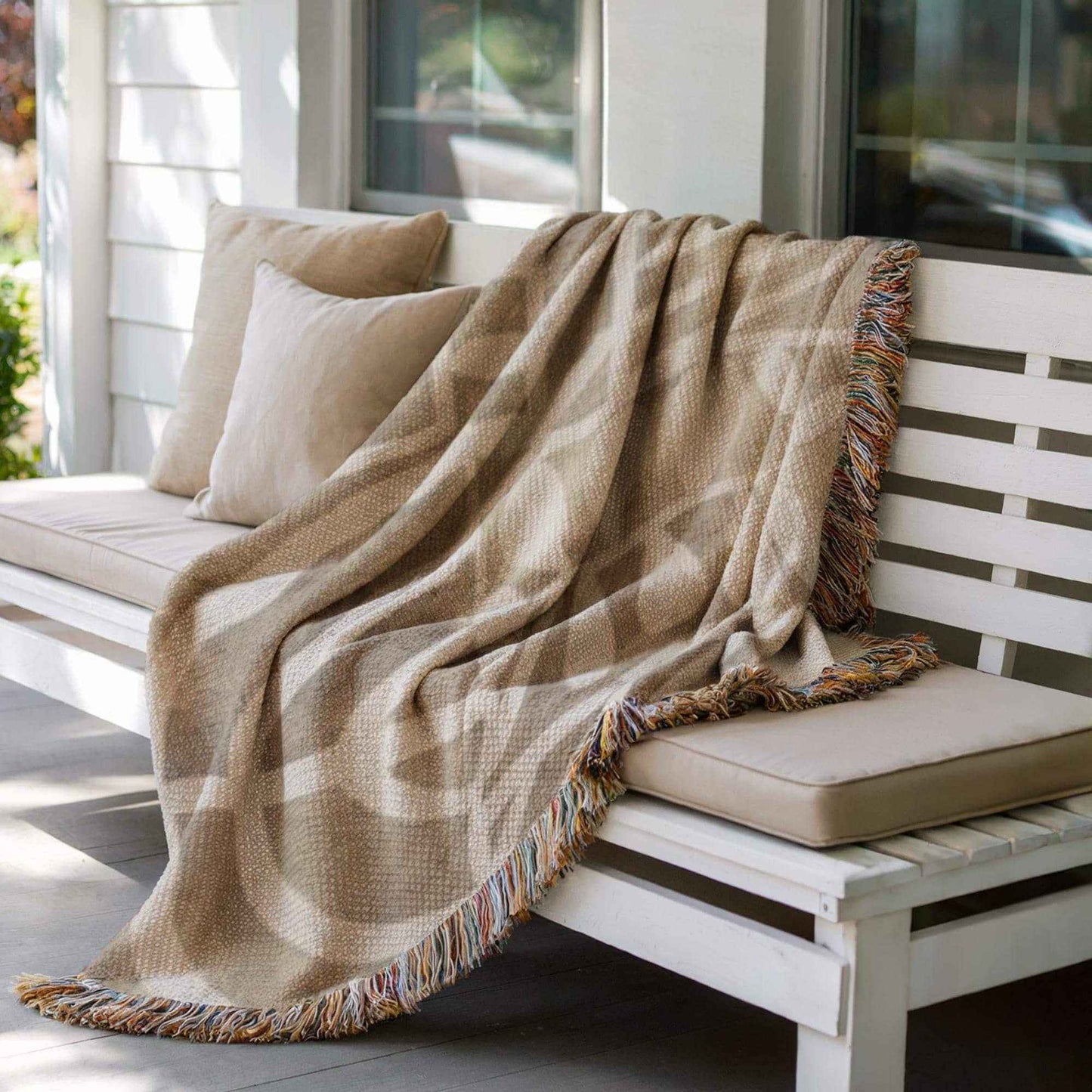 Modern Geometric woven wall tapestry with geometric pattern styled as textile wall decor