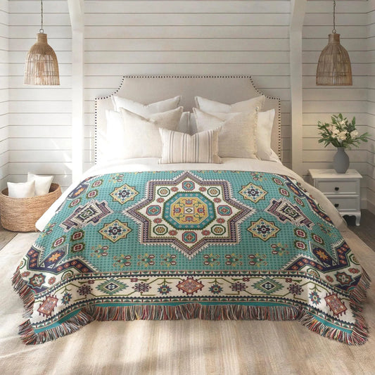 Cotton Throw Blanket - Persian Rug Throw with Pink Green Blanket, Boho Woven Bedspread