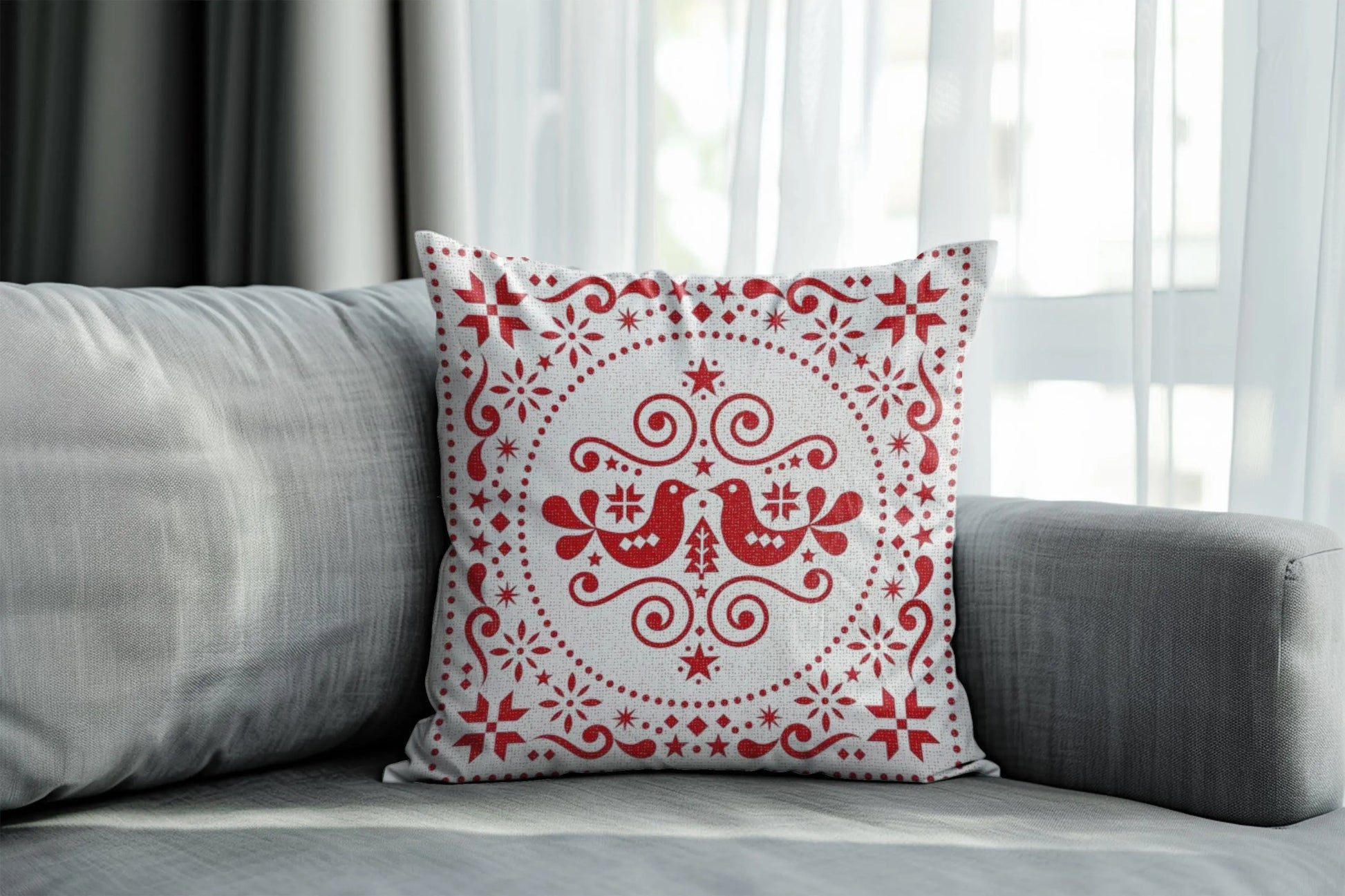Nordic Woven Cushion - Scandinavian Throw Pillow With Rustic Red Bird Design