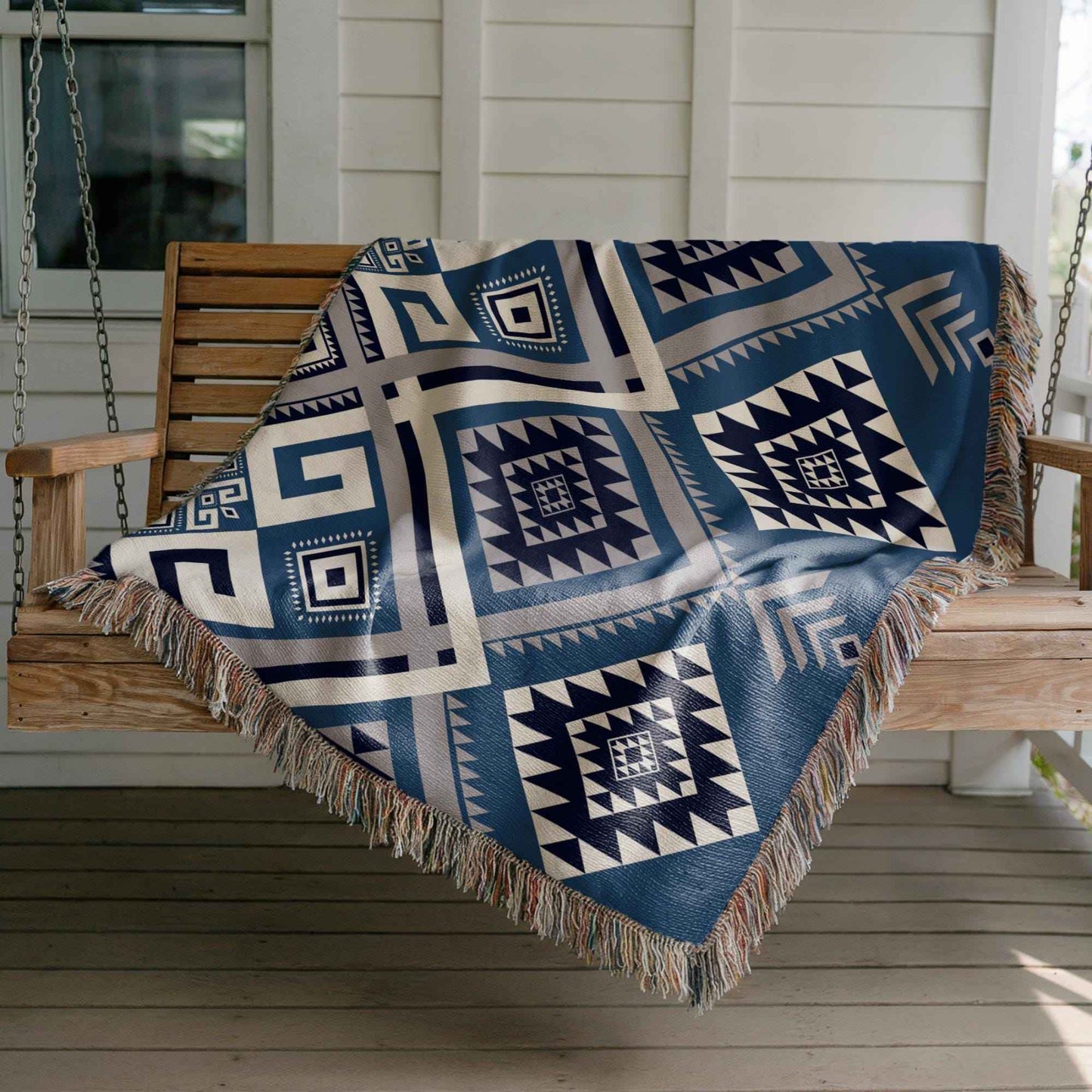 Southwestern outdoor woven throw blanket with geometric pattern for patio styling
