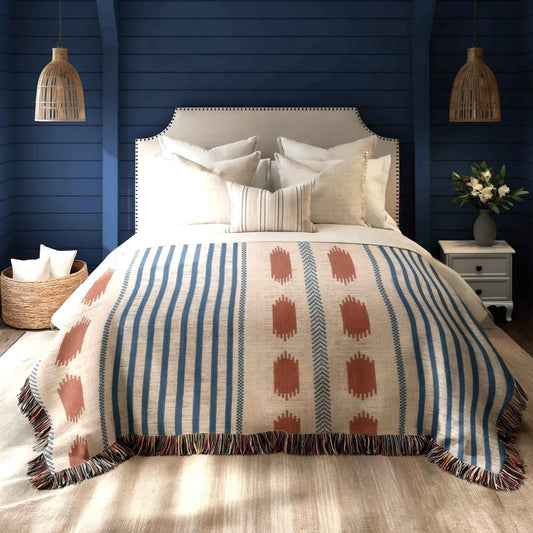 Modern Geometric outdoor woven throw blanket with geometric pattern for patio styling