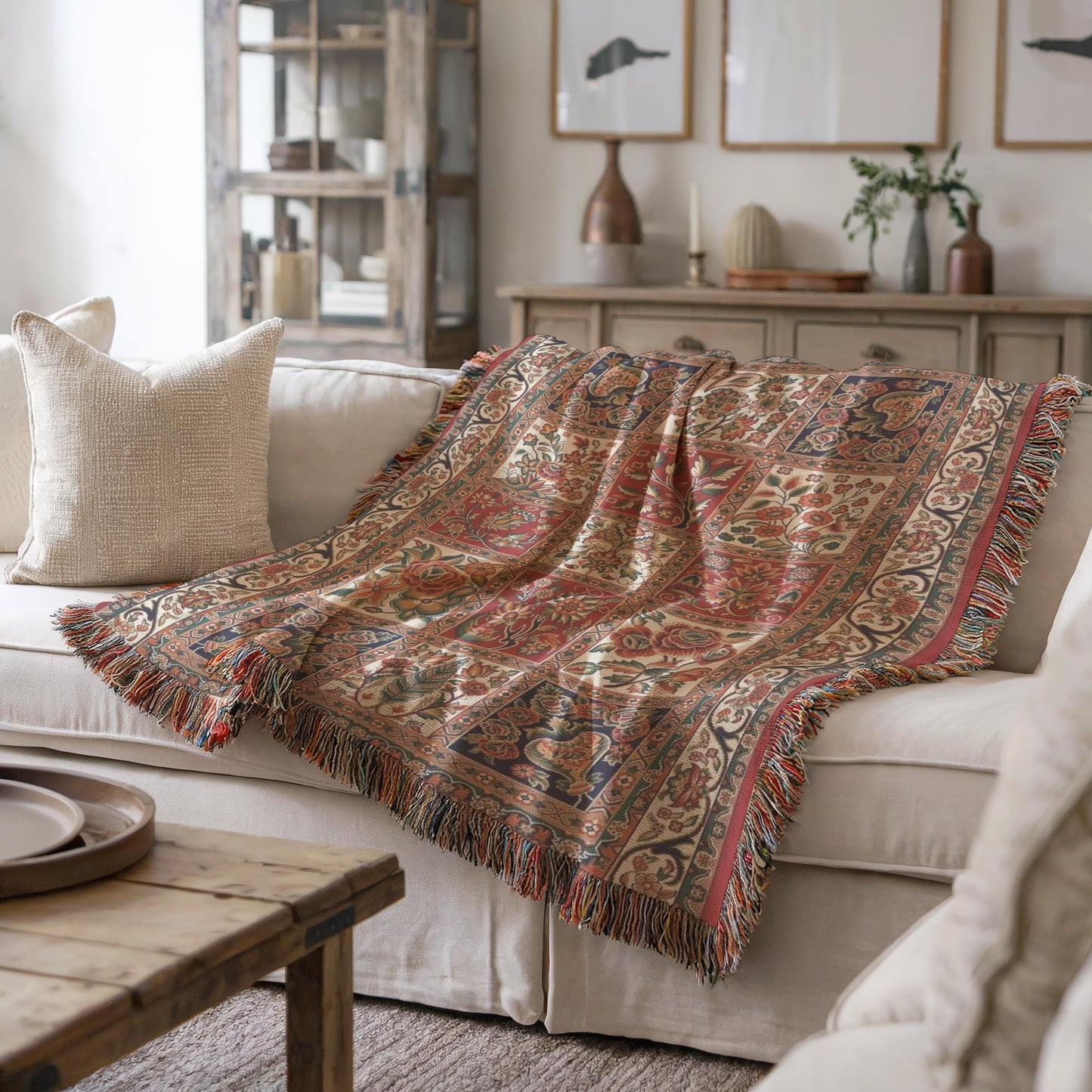 Anatolian Inspired woven blanket with floral pattern styled for layered home decor