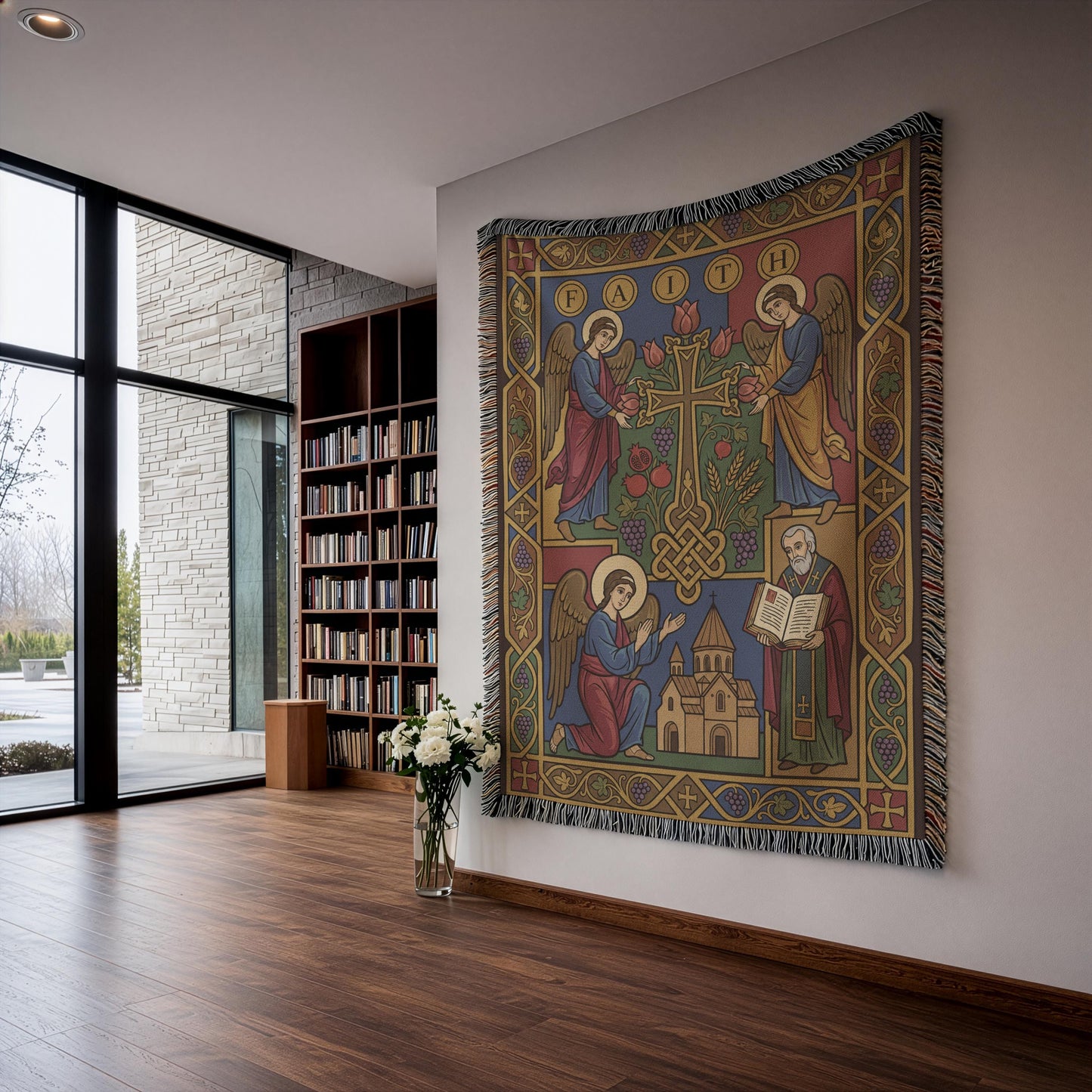 Armenian Christian wall tapestry in a modern loft corner, vibrant blues and greens, sacred church wall art with fringe detail.