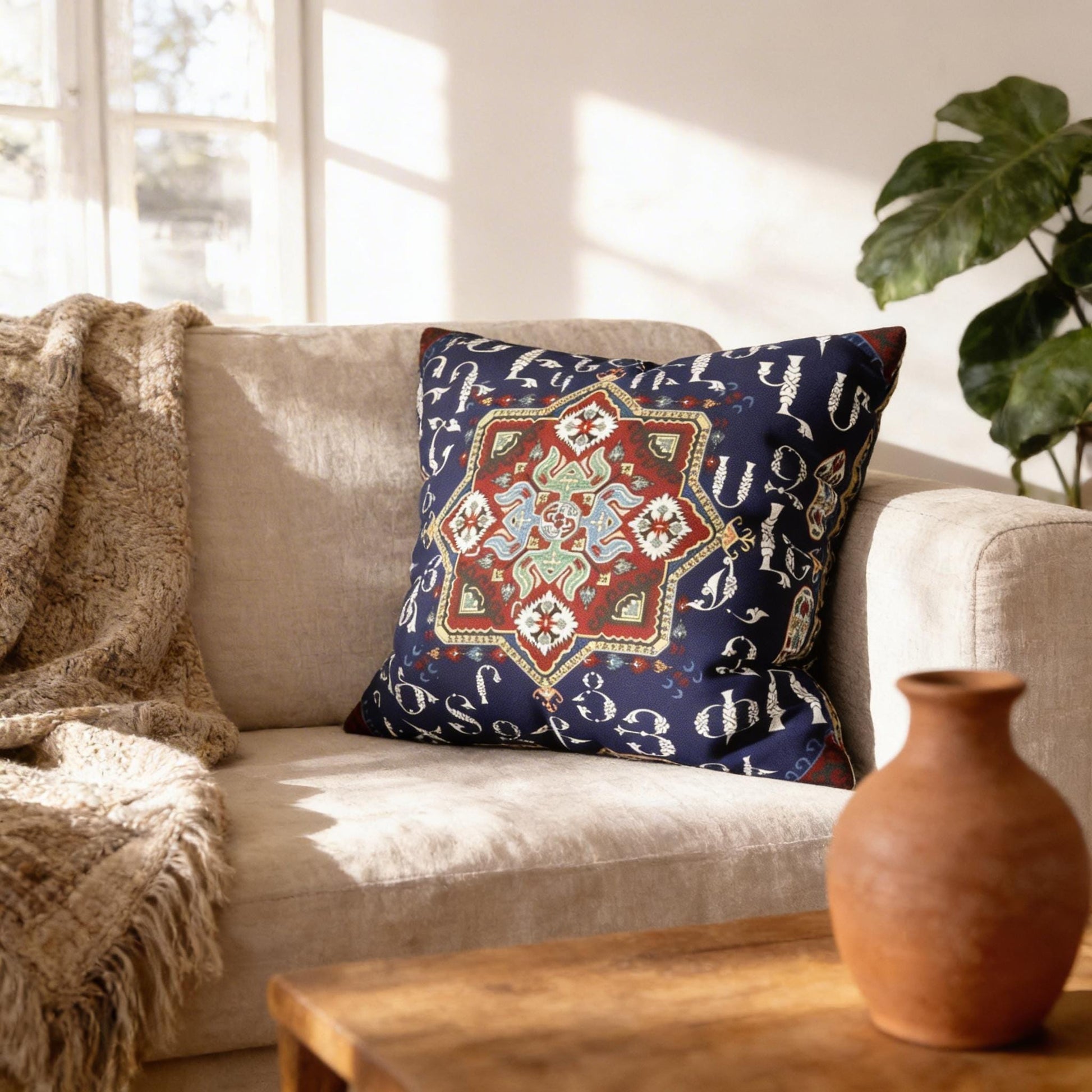 a cozy living room with a beige sofa, a decorative pillow with a colorful geometric pattern, and a wooden coffee table with a vase on it.