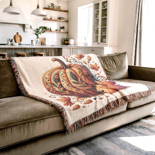 Thanksgiving Woven Blanket – Cozy Throw Blanket with Tattooed Pumpkin Design, Fringed Edge