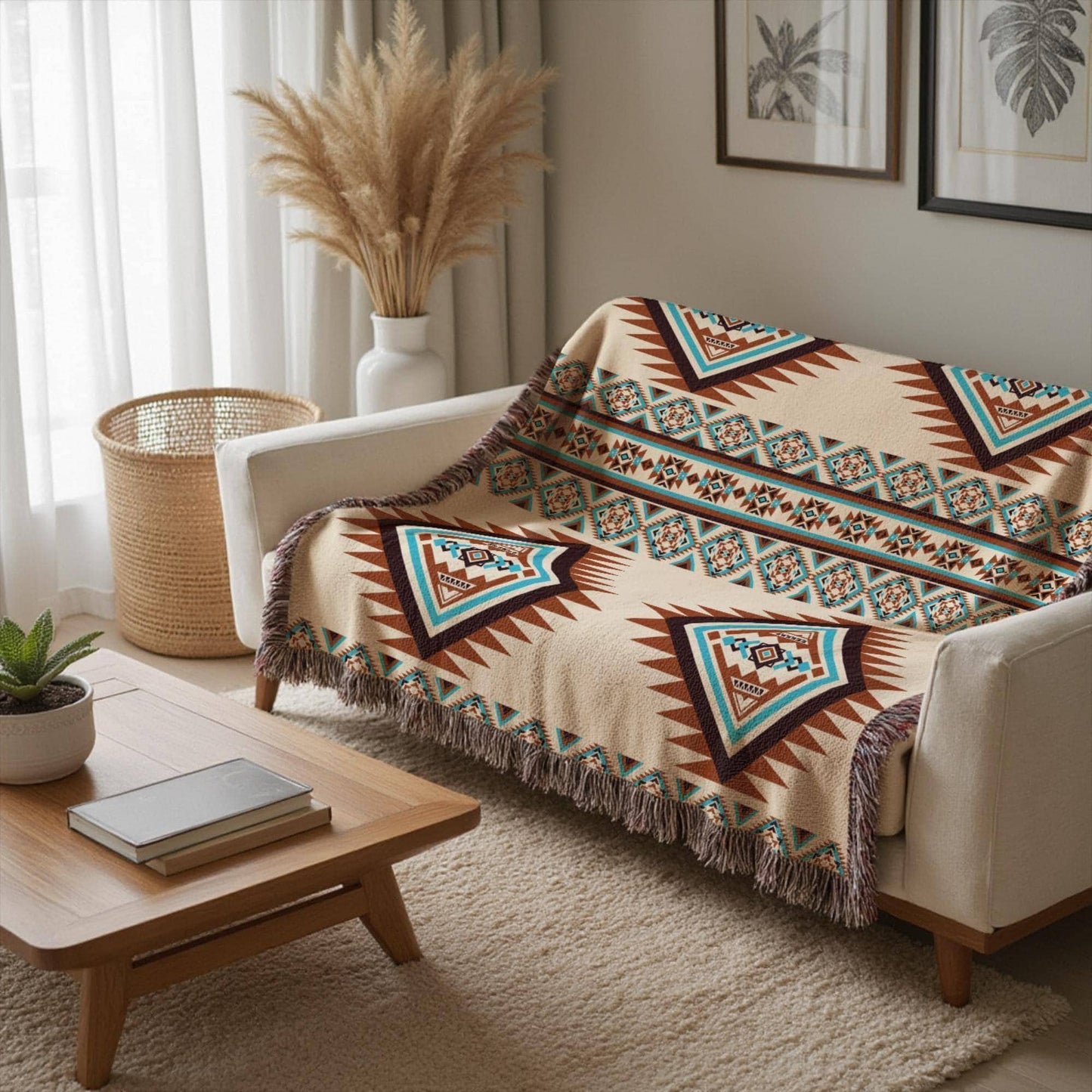 Southwestern woven blanket with geometric pattern styled for layered home decor