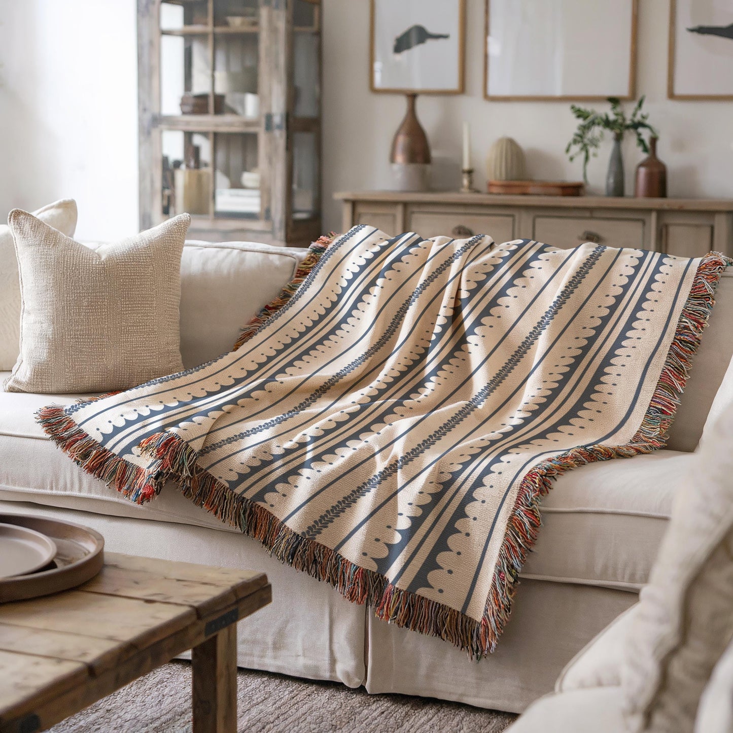 Modern Geometric woven blanket with geometric pattern styled for layered home decor