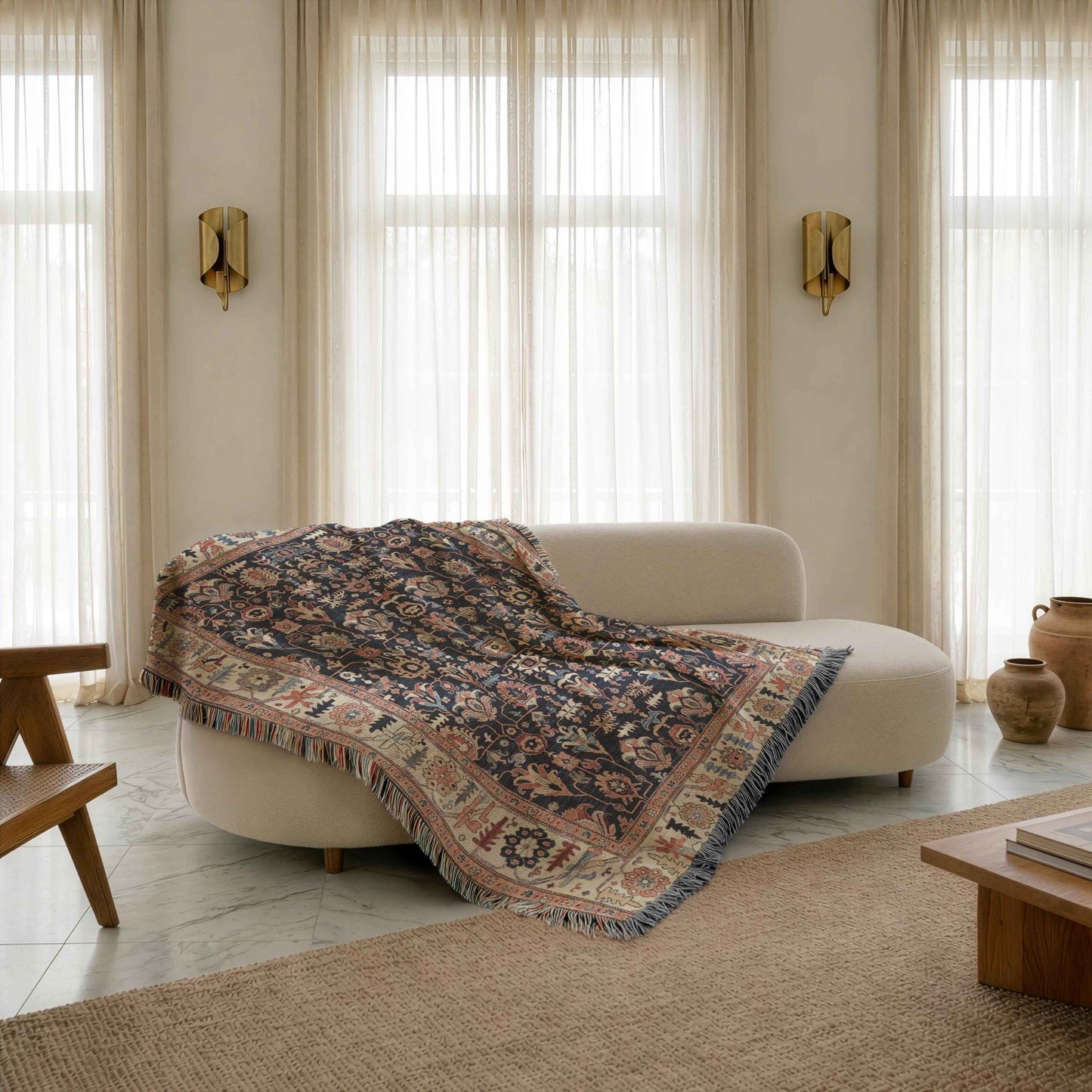 Anatolian Inspired woven blanket with geometric pattern styled for layered home decor