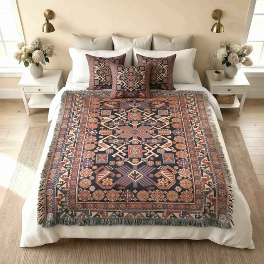 Anatolian Inspired woven blanket with rug-style pattern styled for layered home decor