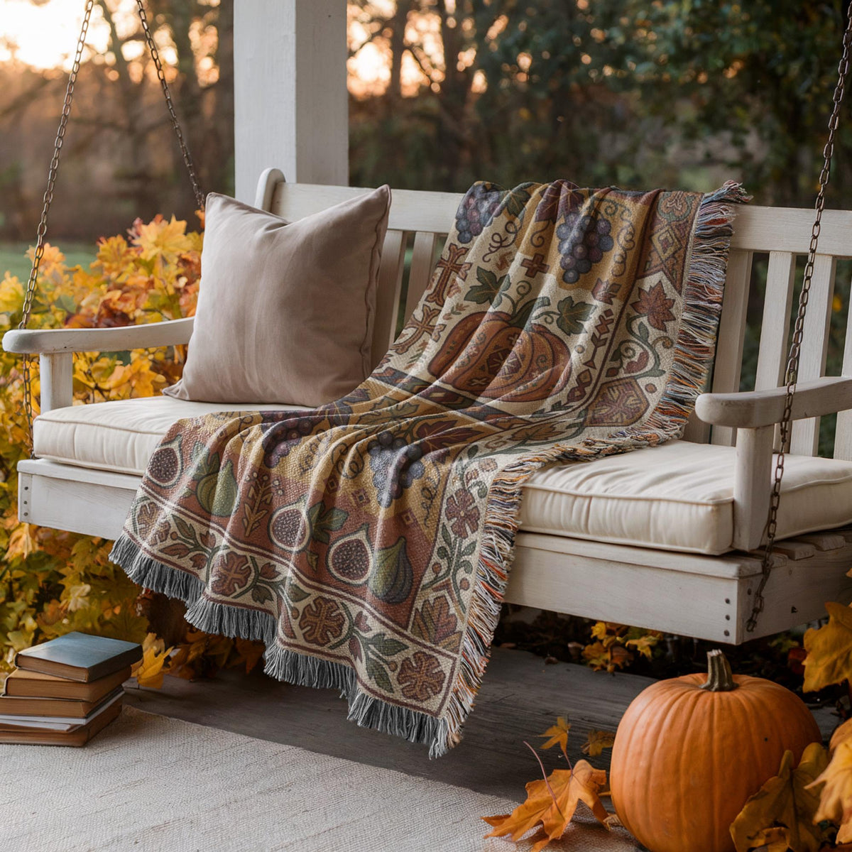 Grape and fig Armenian Ghapama woven cotton blanket draped over a porch swing, showing ornamental borders