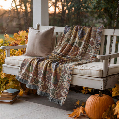 Grape and fig Armenian Ghapama woven cotton blanket draped over a porch swing, showing ornamental borders