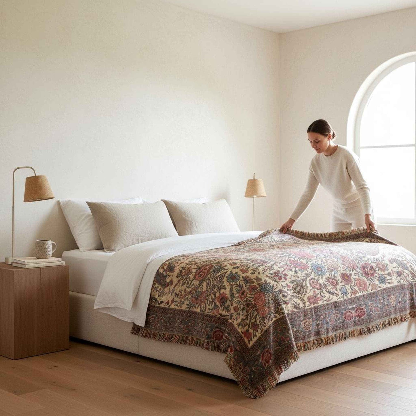 Moroccan Inspired woven blanket with floral pattern styled for layered home decor