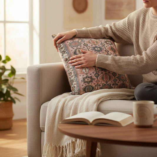 Anatolian Inspired throw pillow with rug-style pattern styled on a sofa or bed