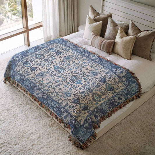 Caucasian Rug Inspired woven blanket with geometric pattern styled for layered home decor