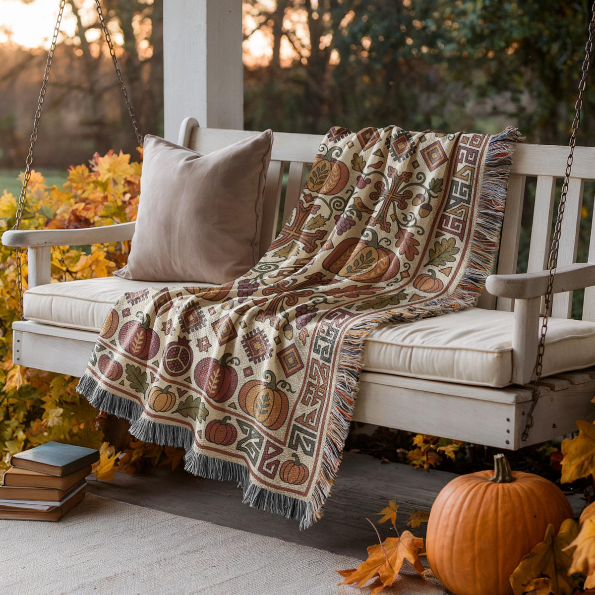 Cream and rust Armenian Ghapama woven cotton blanket draped over a porch swing, showing the pumpkin border