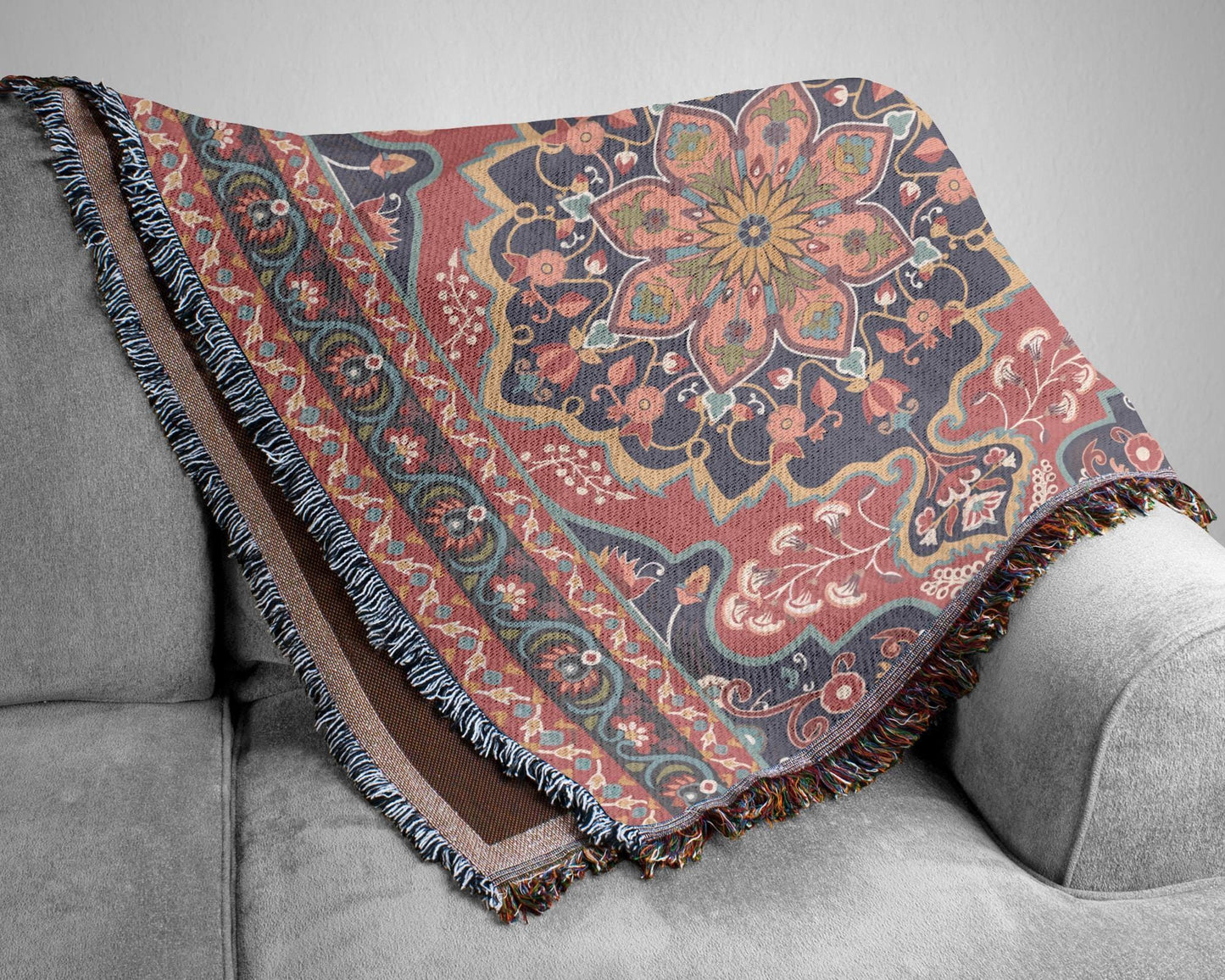 Anatolian Inspired outdoor woven throw blanket with rug-style pattern for patio styling