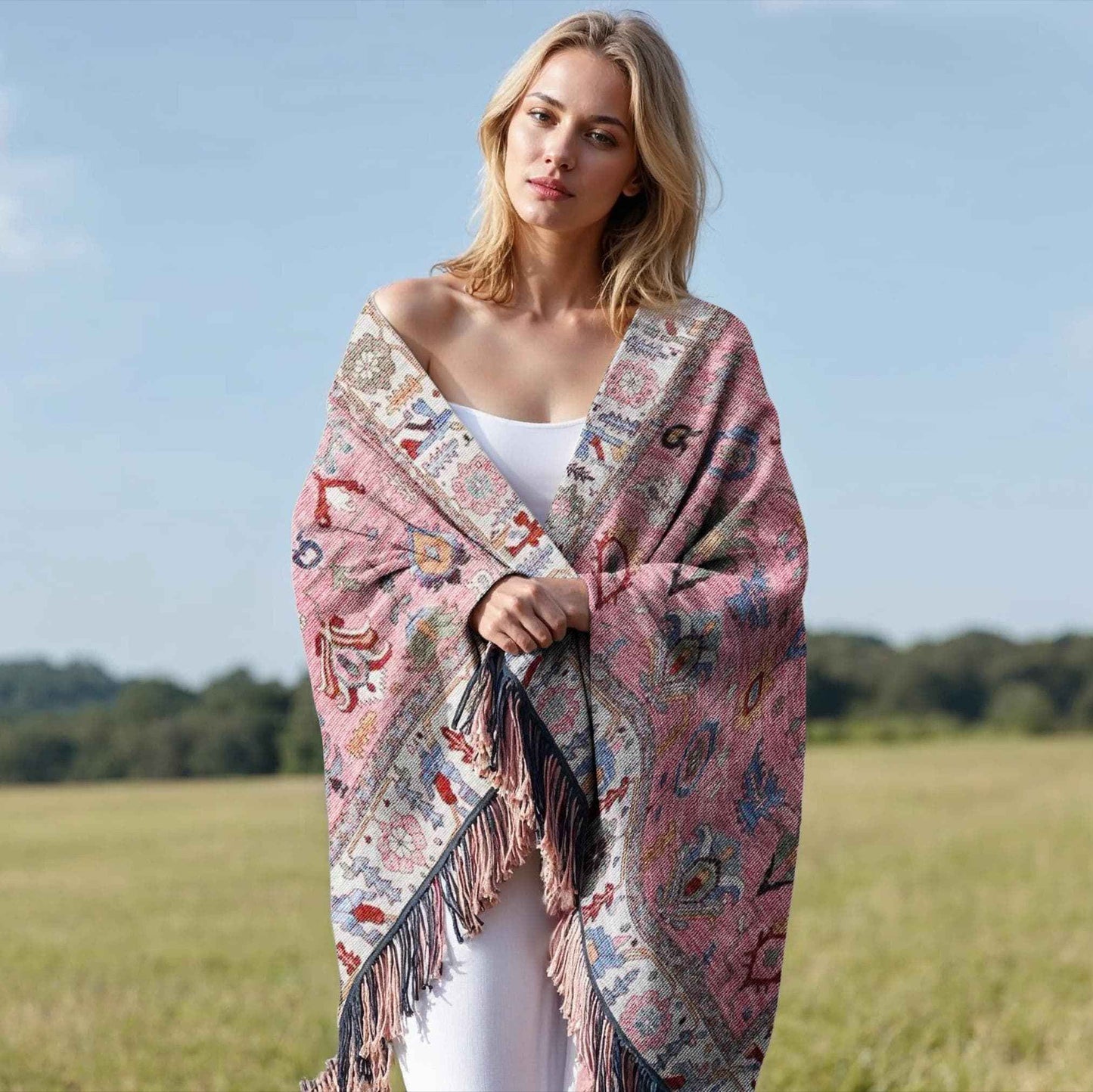 Anatolian Inspired outdoor woven throw blanket with rug-style pattern for patio styling