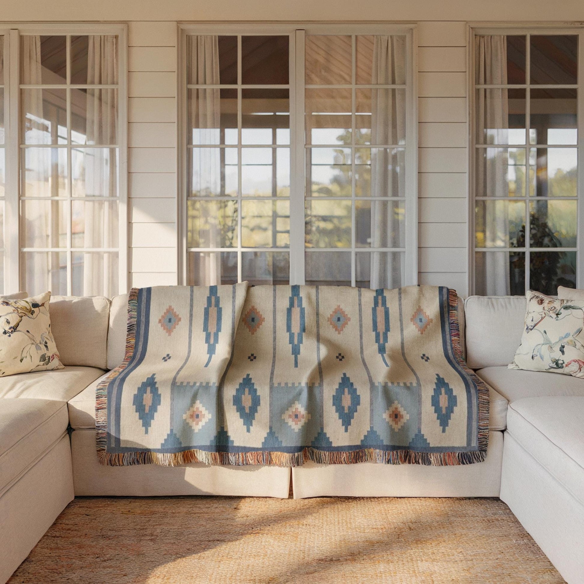 Woven Cotton Blanket – Summer Throw Blanket With Scandi Ethnic Pattern & Colorful Fringed Edges