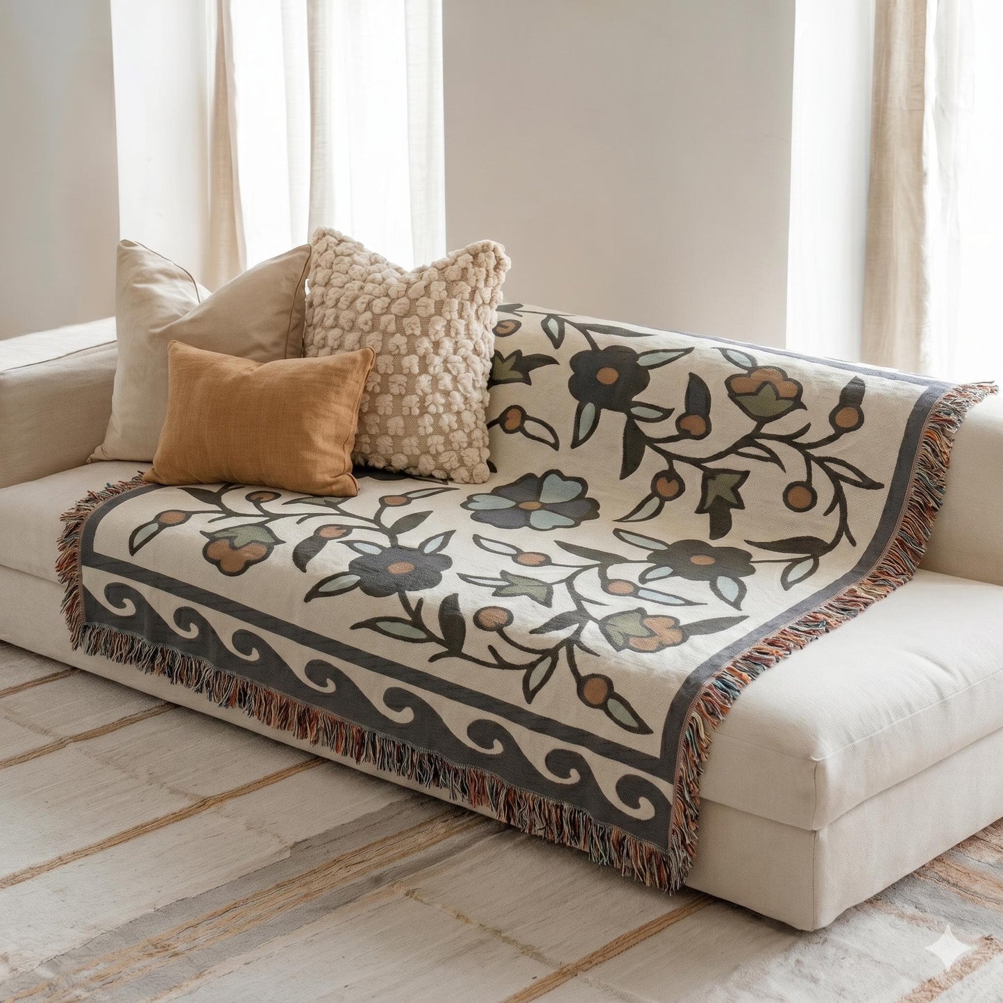 Anatolian Inspired woven blanket with rug-style pattern styled for layered home decor