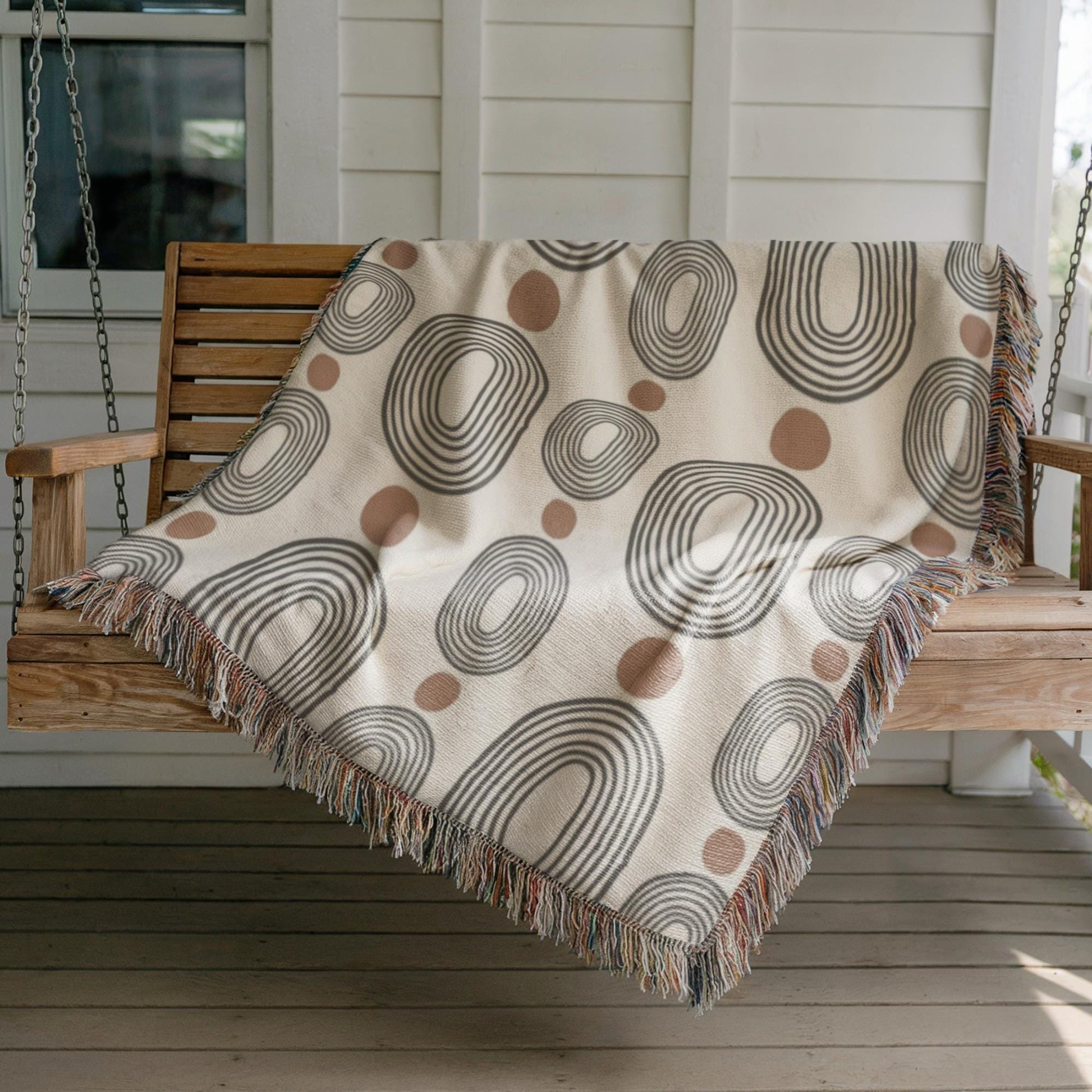 Modern Woven Blanket – Black Ovals Rust Dots | Mid Century Tapestry Throw