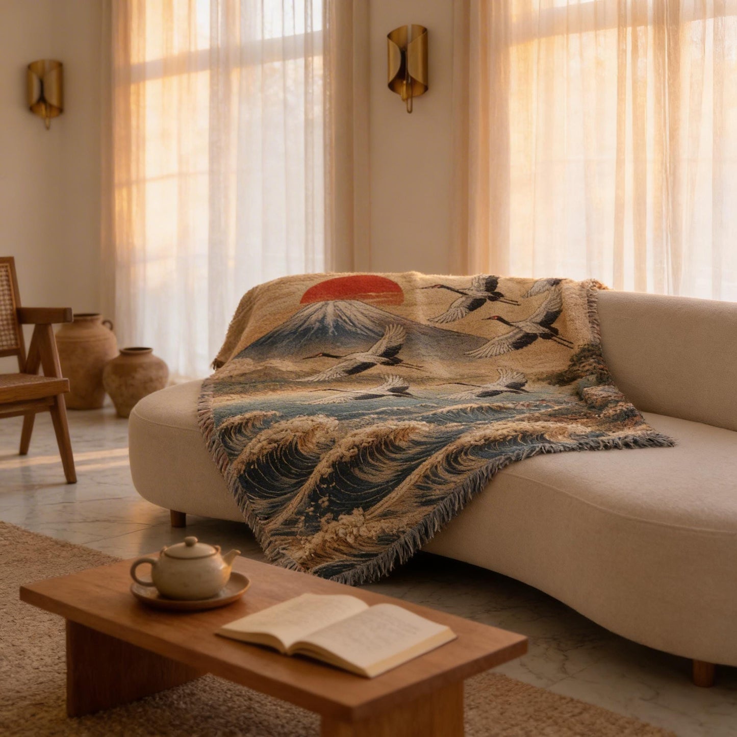 Modern Geometric woven blanket with geometric pattern styled for layered home decor