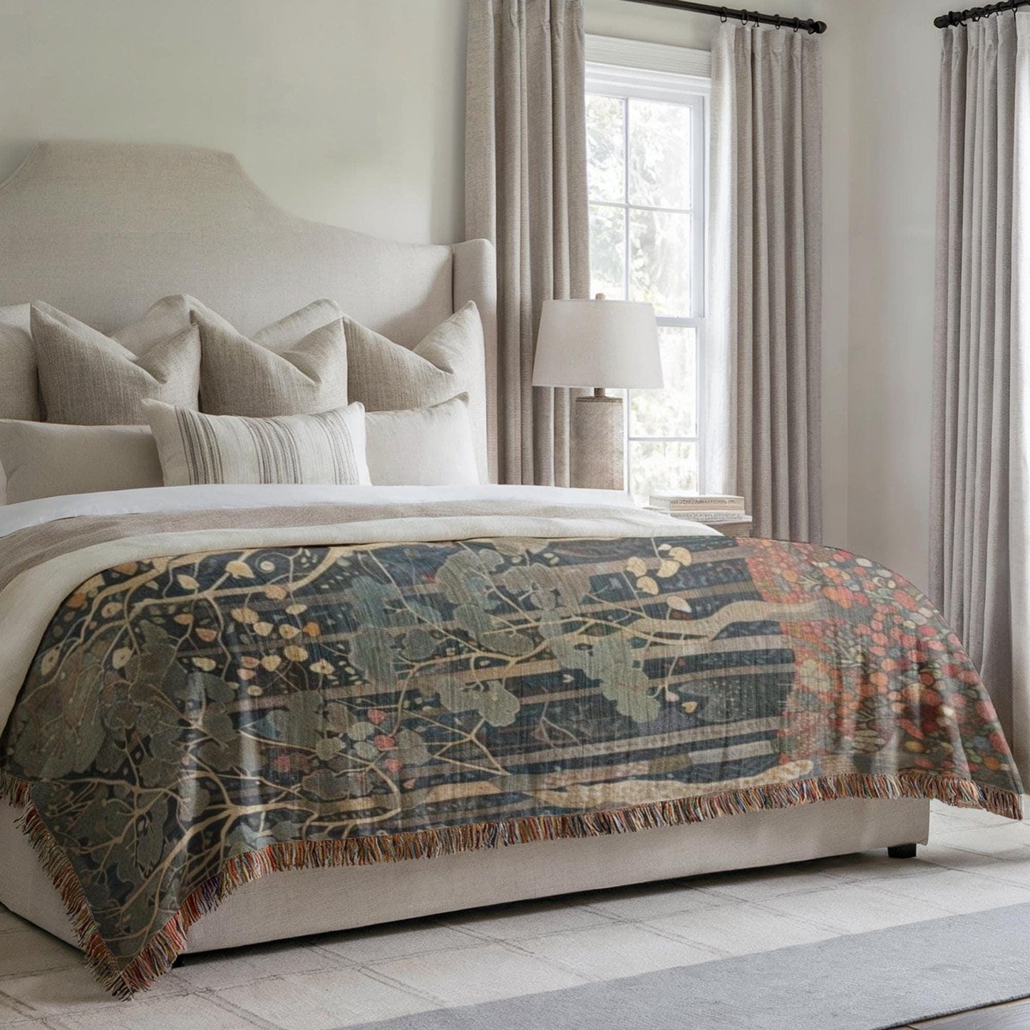 Scandinavian Inspired woven blanket with rug-style pattern styled for layered home decor