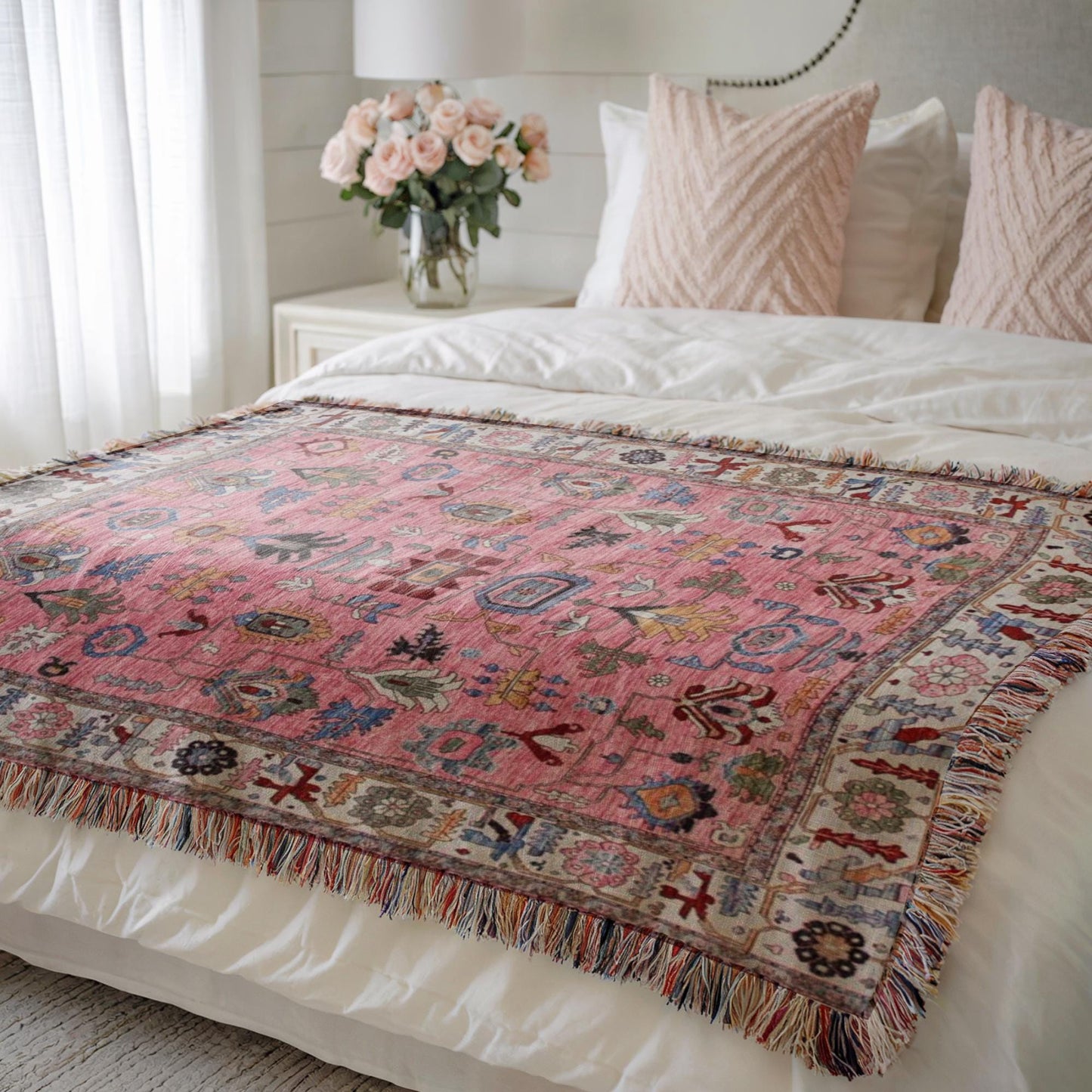 Anatolian Inspired woven blanket with rug-style pattern styled for layered home decor