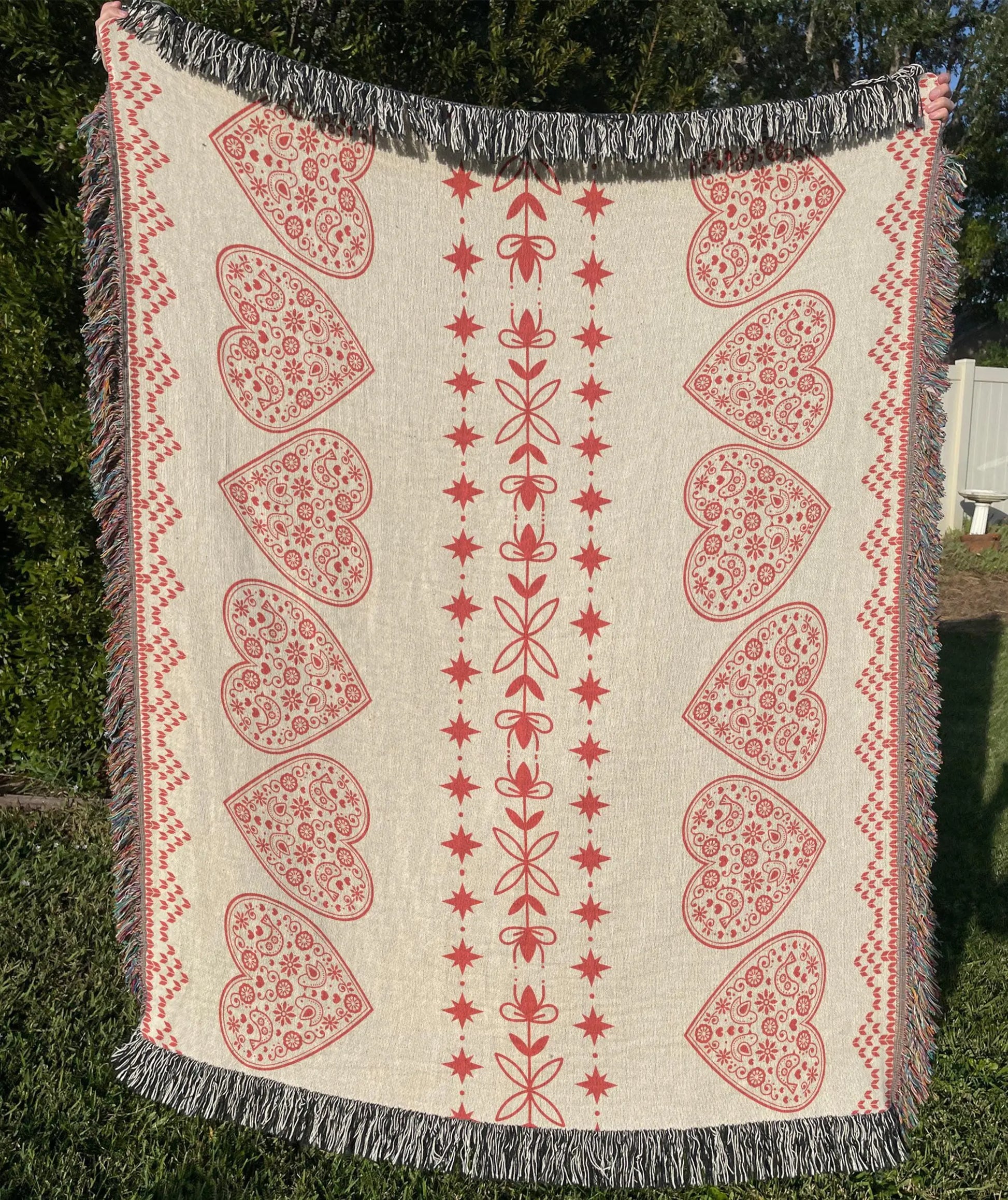 Scandi Heart Blanket – Woven Cotton Throw with Red Hearts | Cozy Nordic Gift