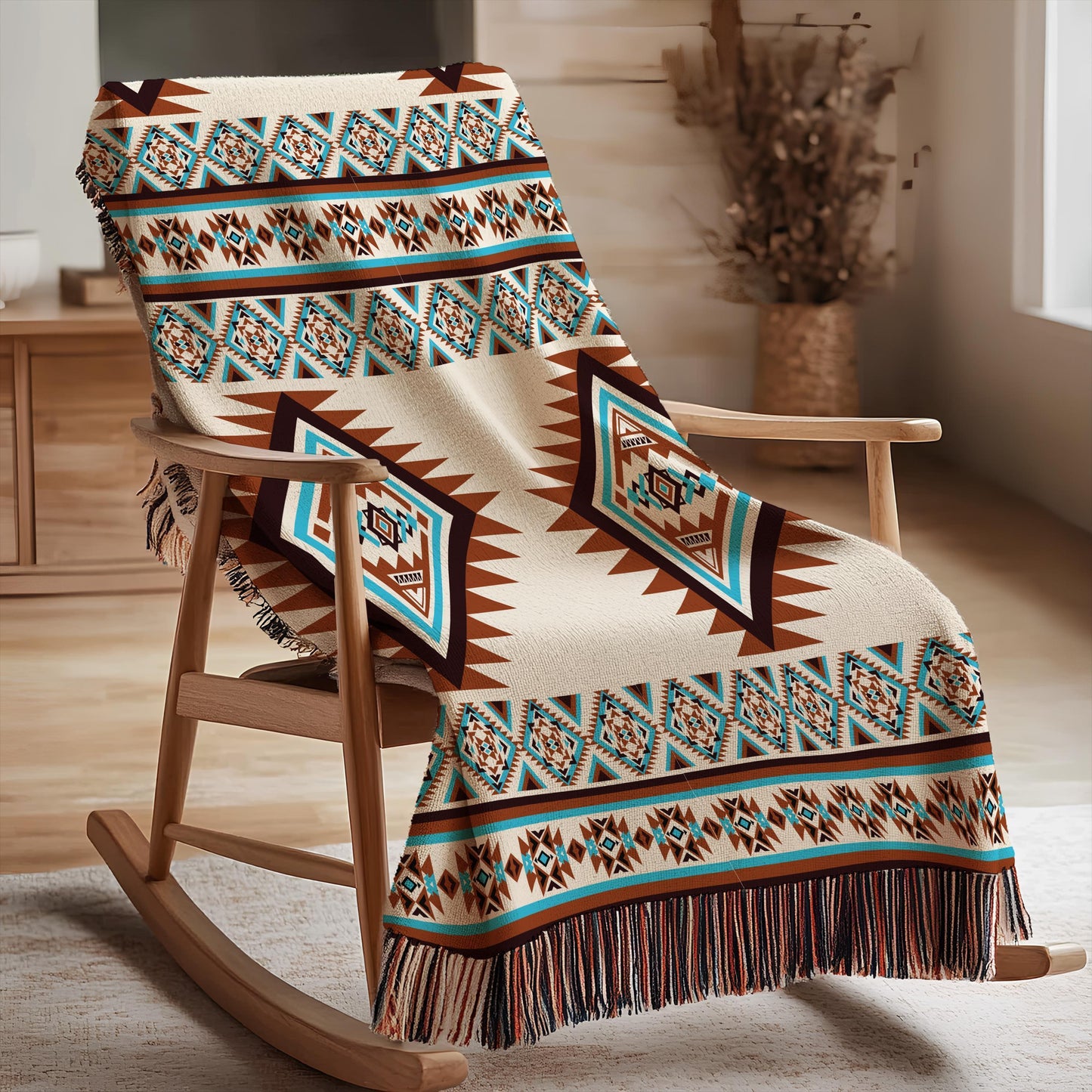 Southwestern woven blanket with geometric pattern styled for layered home decor