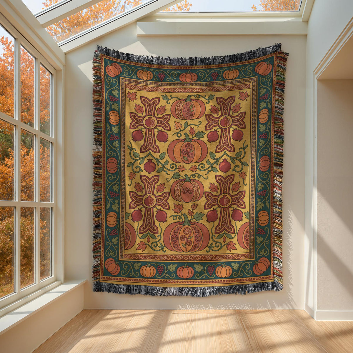 Gold and teal Armenian Ghapama blanket hung flat on a wall beside a window