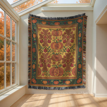 Gold and teal Armenian Ghapama blanket hung flat on a wall beside a window