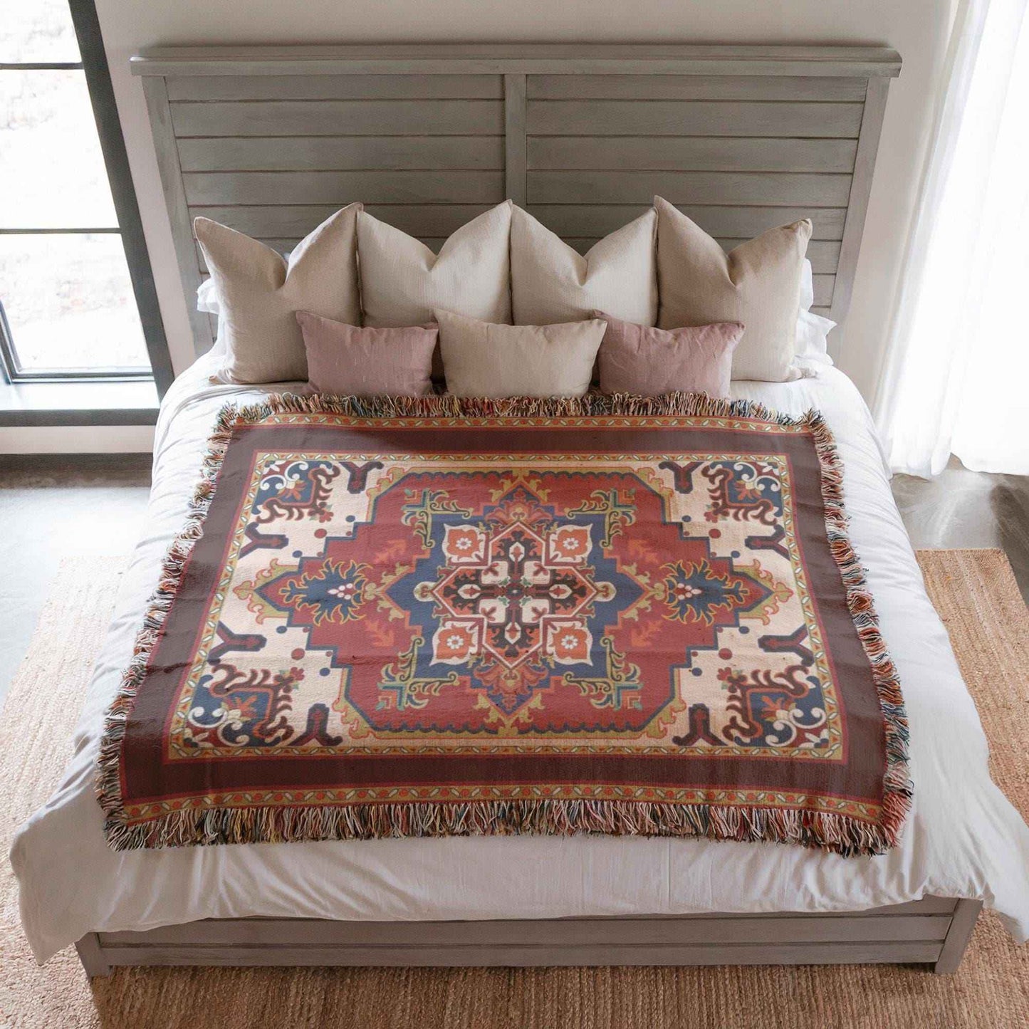 Anatolian Inspired woven wall tapestry with rug-style pattern styled as textile wall decor