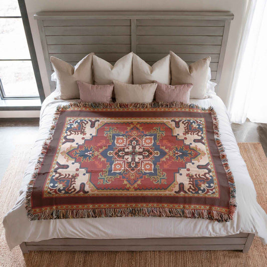Anatolian Inspired woven wall tapestry with rug-style pattern styled as textile wall decor