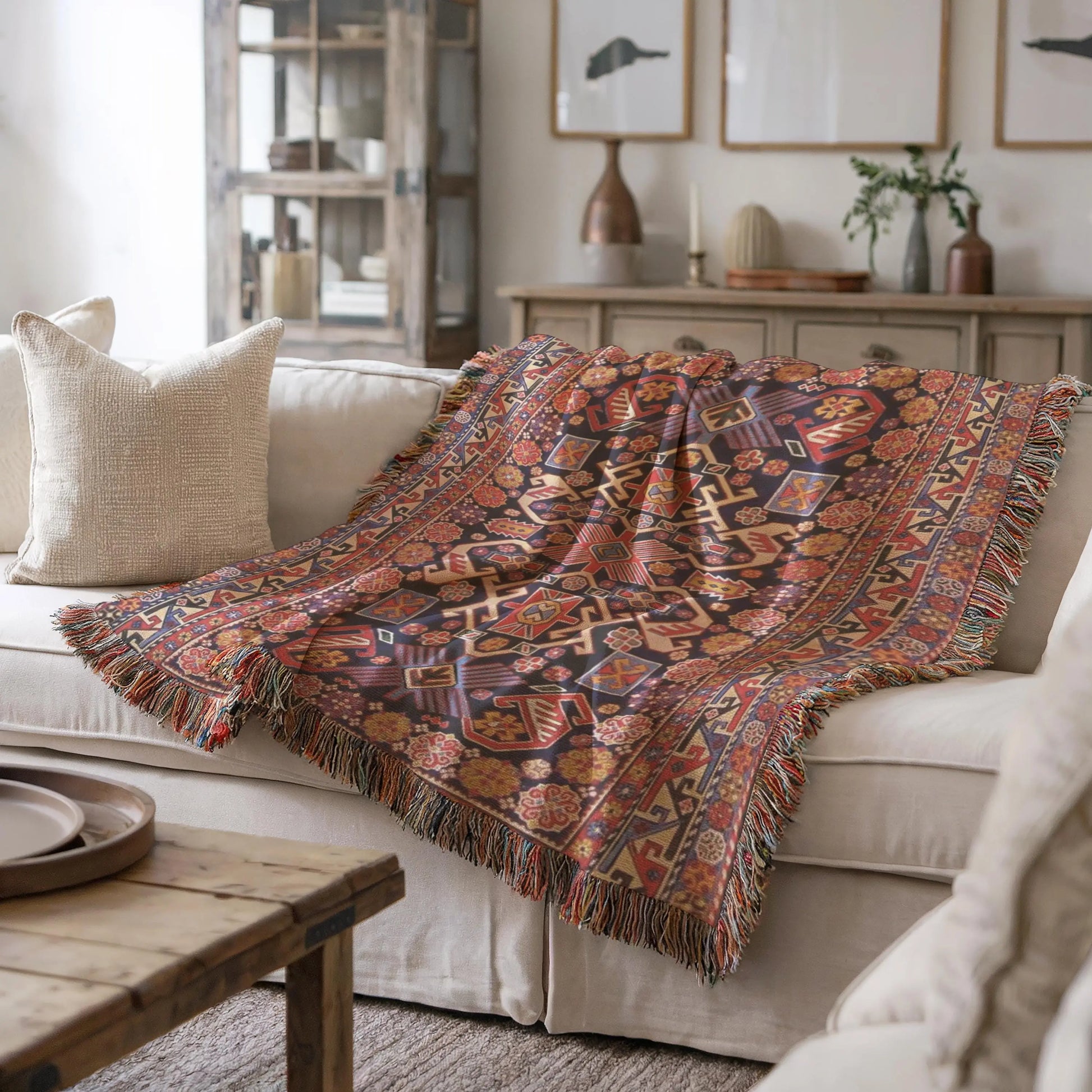 Turkish Woven Pillow Set - Cotton Throw Blanket with Rug-Inspired Pattern & Fringed Edge