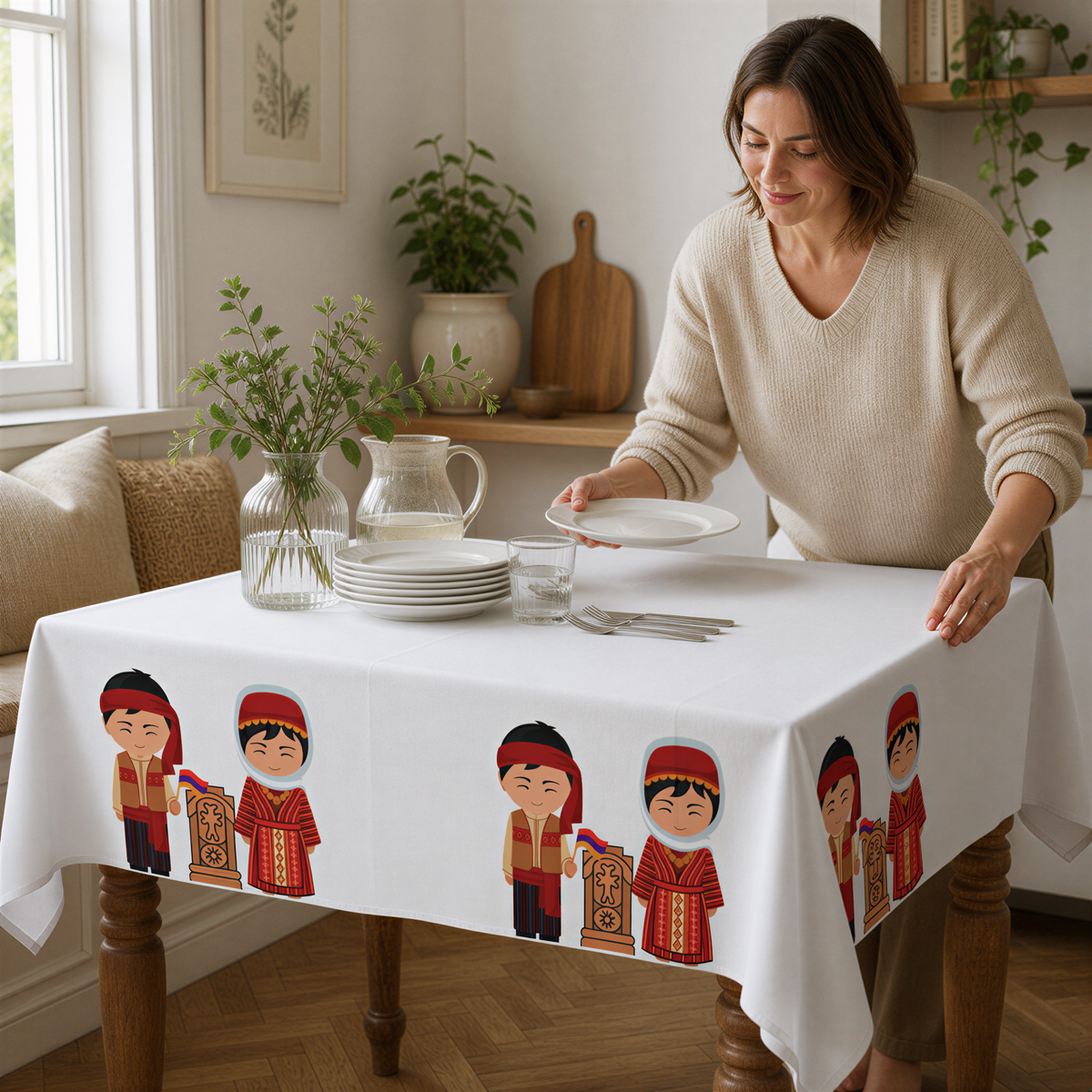 Armenian folk tablecloth in use, a woman setting plates and a jug on the white cloth