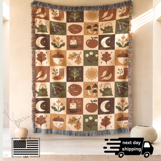 Fall Woven Blanket - Cozy Patchwork Throw with Colorful Fringed Edges, Autumn Bedding Quilt