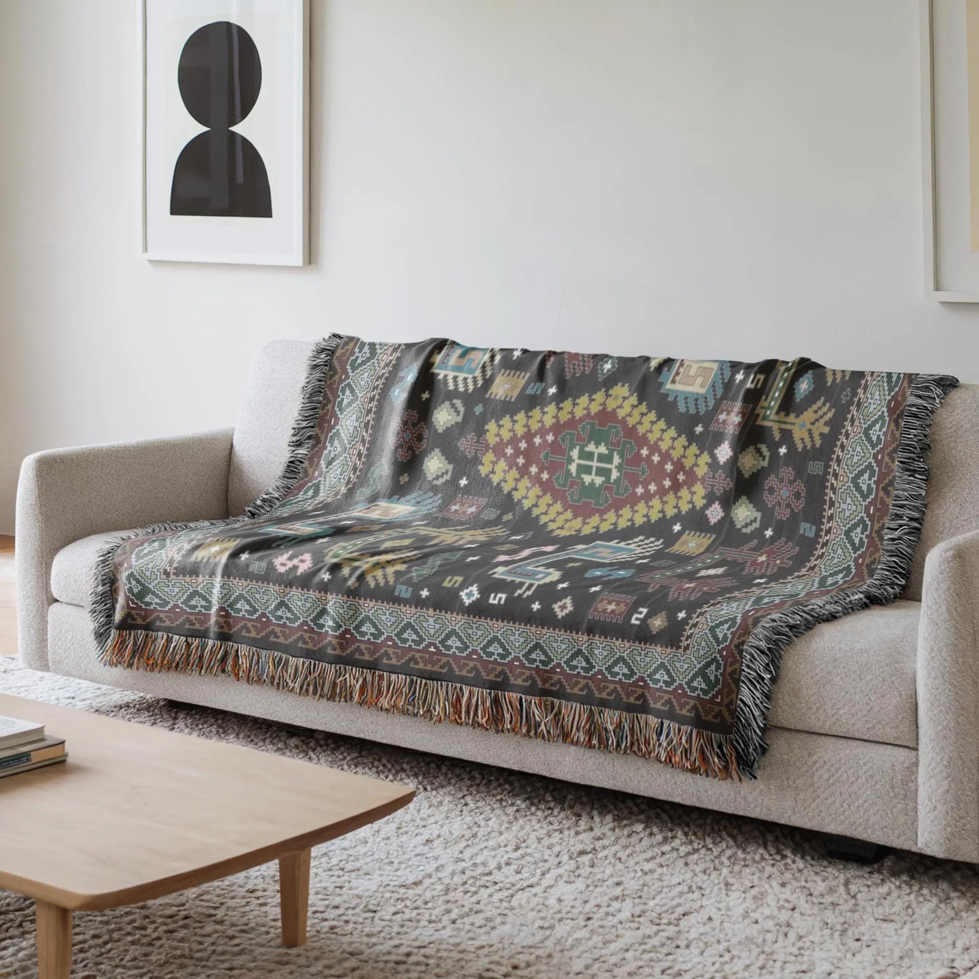 Bohemian Throw Blanket - Woven Cotton Caucasian Rug with Colorful Fringed Edges