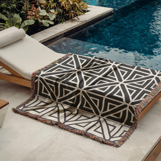 Woven Cotton Blanket - Modern Black White Geometric Pattern Throw With Fringed Edges