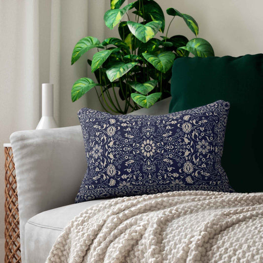 Caucasian Rug Inspired throw pillow with geometric pattern styled on a sofa or bed