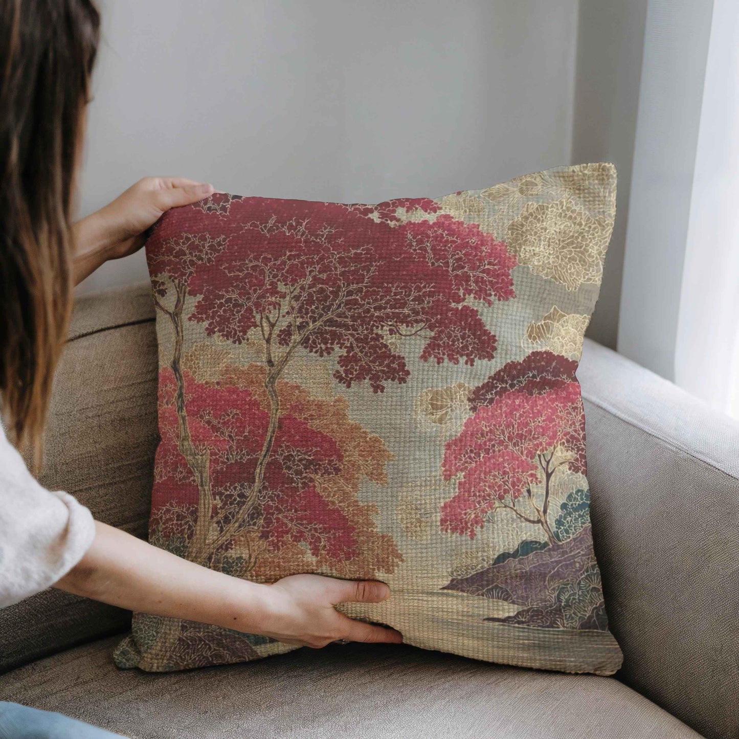 Modern Geometric throw pillow with geometric pattern styled on a sofa or bed
