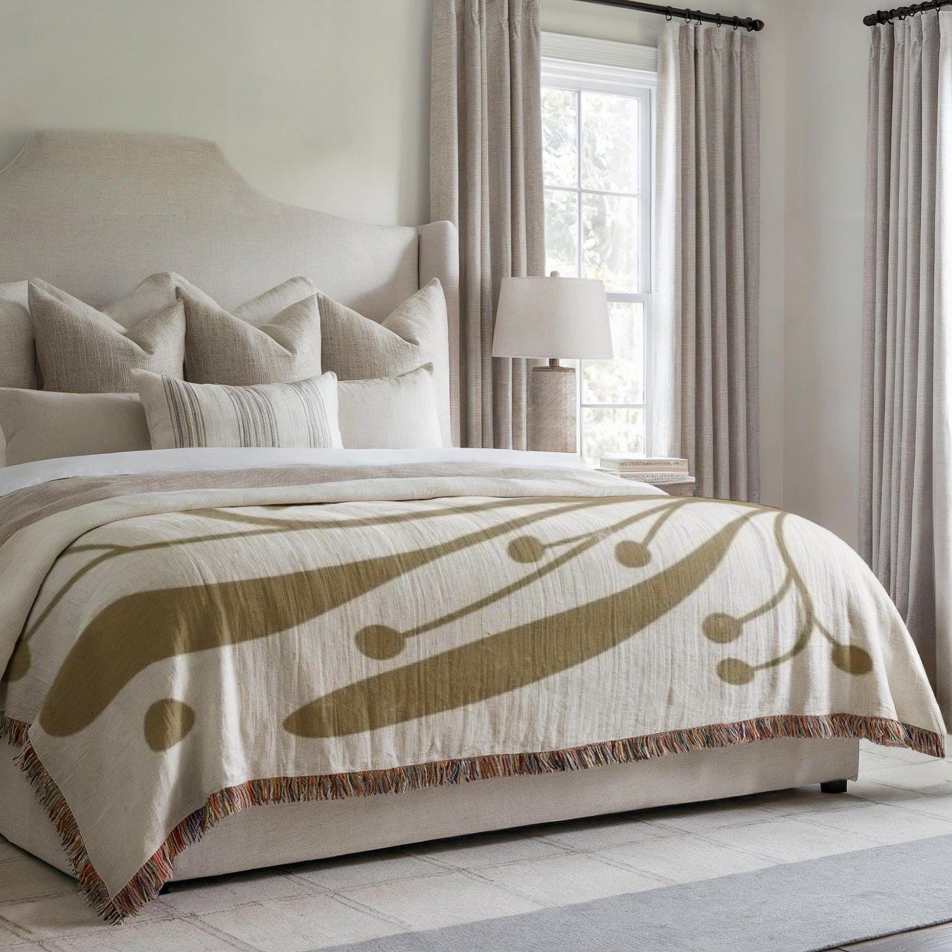 Linden Leaf Woven Blanket - Mid Century Throw With Botanical Pattern & Cozy Cotton