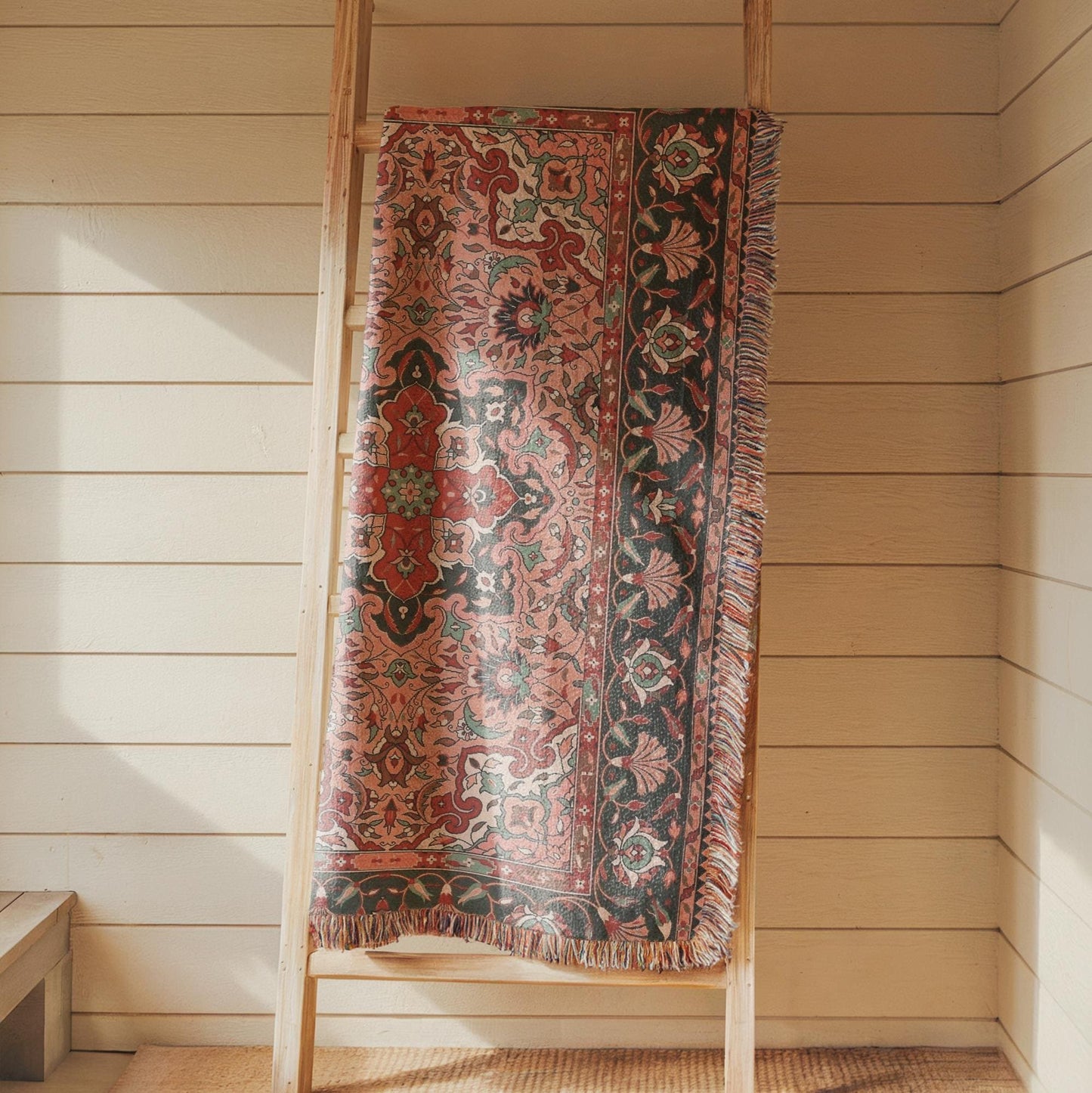 Anatolian Inspired woven wall tapestry with rug-style pattern styled as textile wall decor