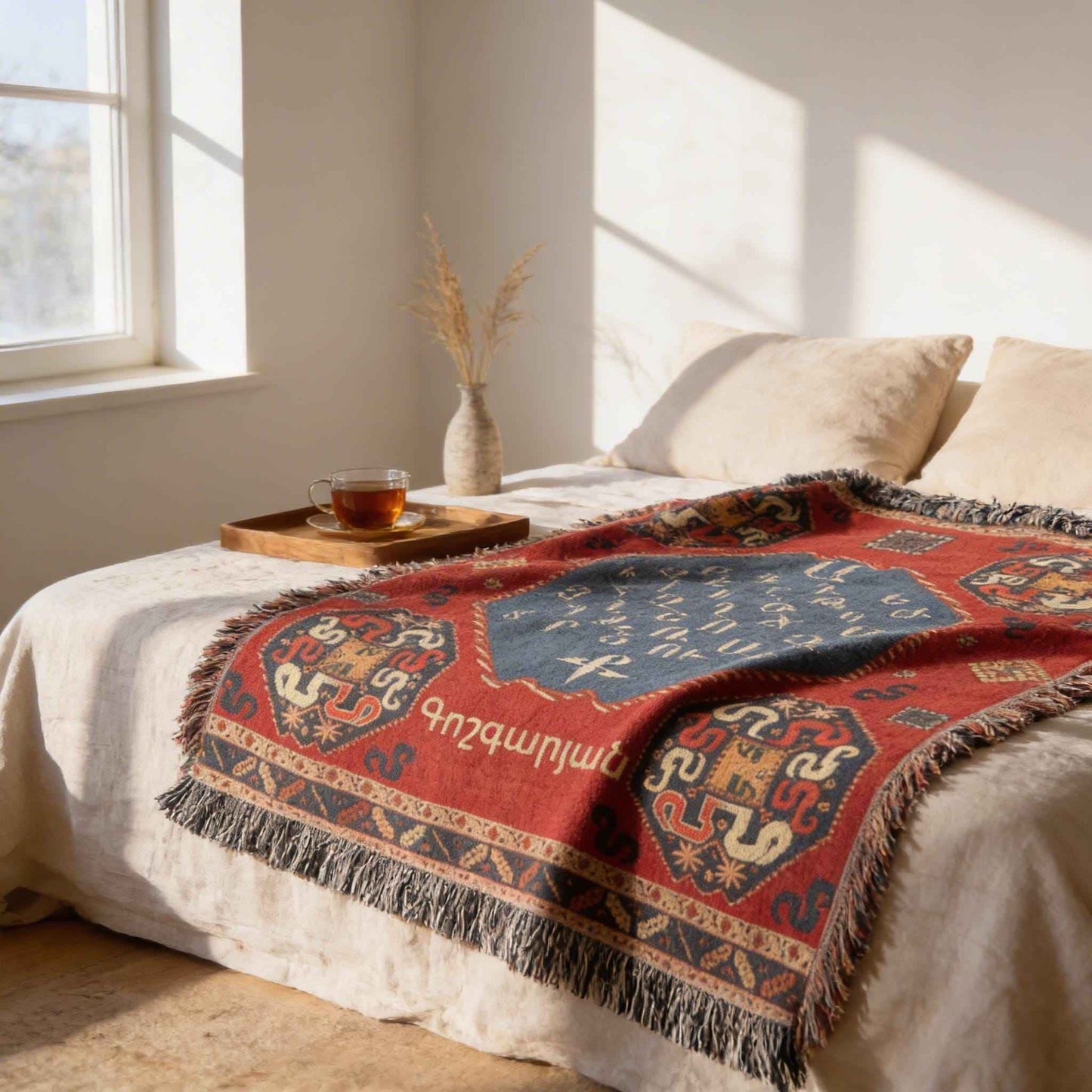 Modern Geometric woven blanket with geometric pattern styled for layered home decor