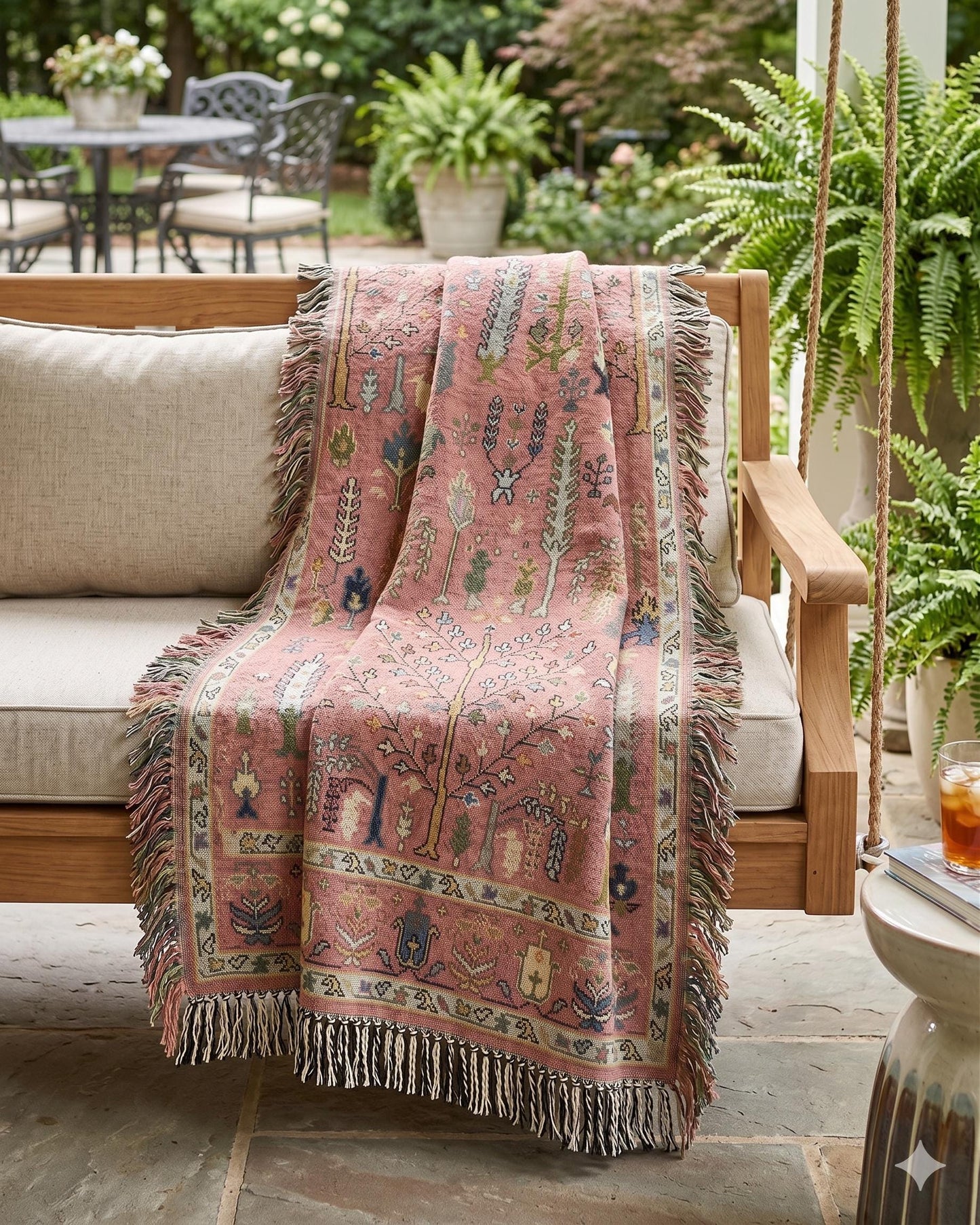 Anatolian Inspired outdoor woven throw blanket with rug-style pattern for patio styling
