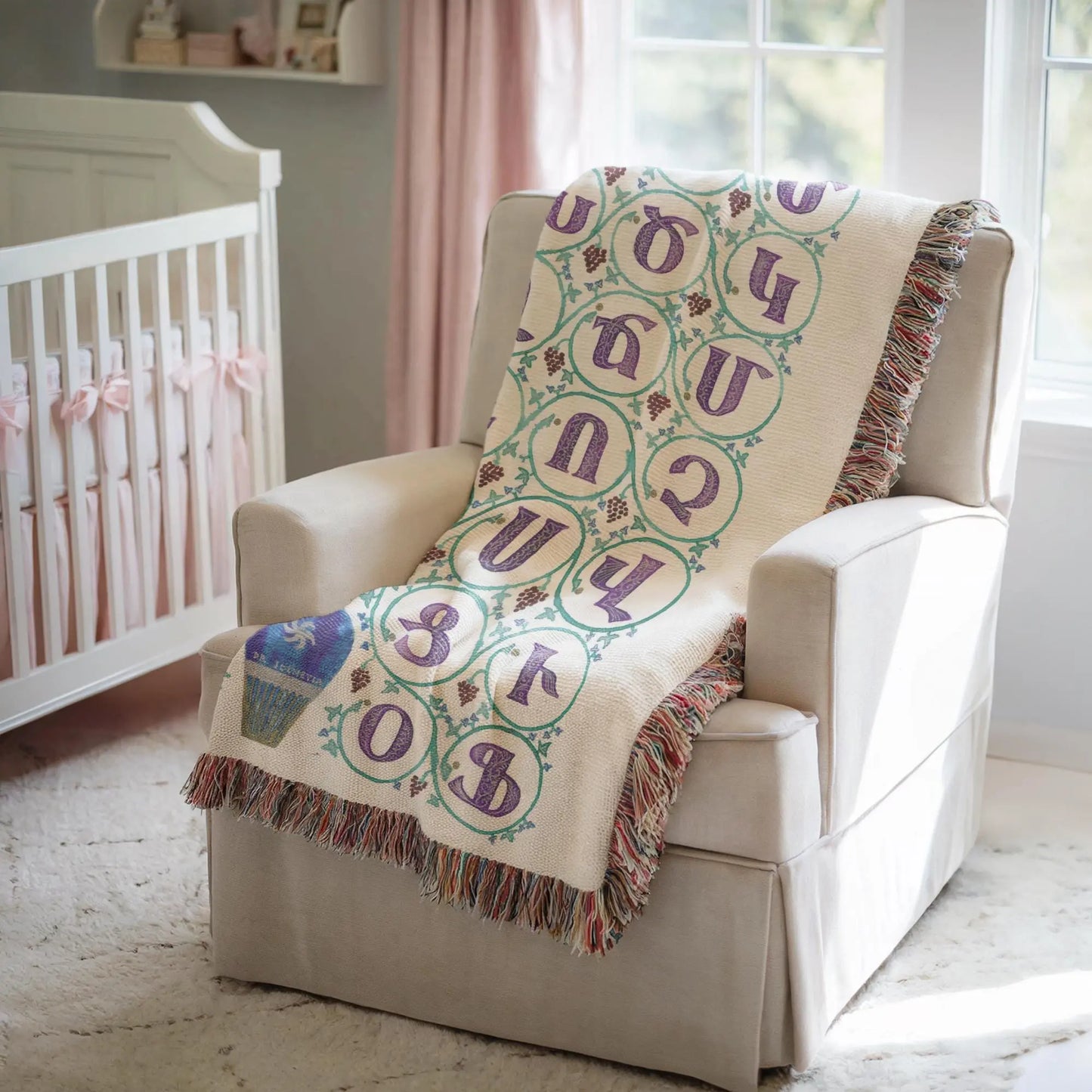 Armenian Woven Blanket - Cotton Throw with Armenian Alphabet Design | Cozy Cultural Sofa Throw