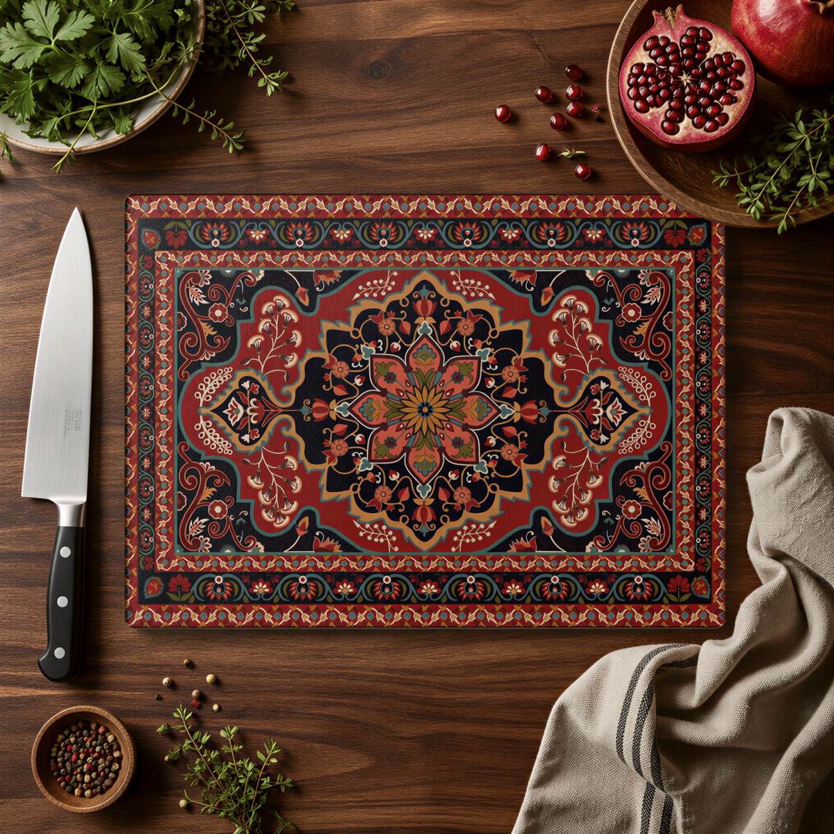 Armenian carpet cutting board on a wood counter with a knife, a pomegranate and herbs