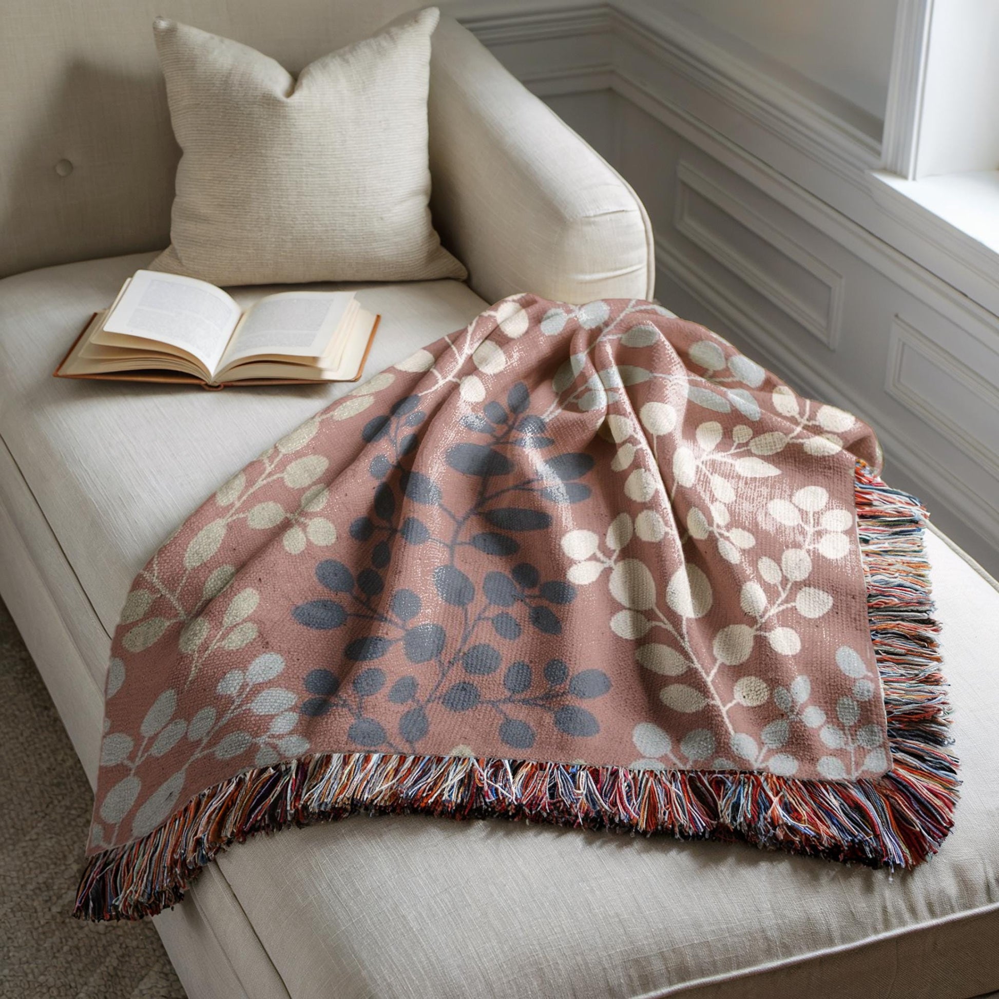 Woven Floral Blanket - Japanese Style Throw With Fringed Edges | Minimalist Home Decor